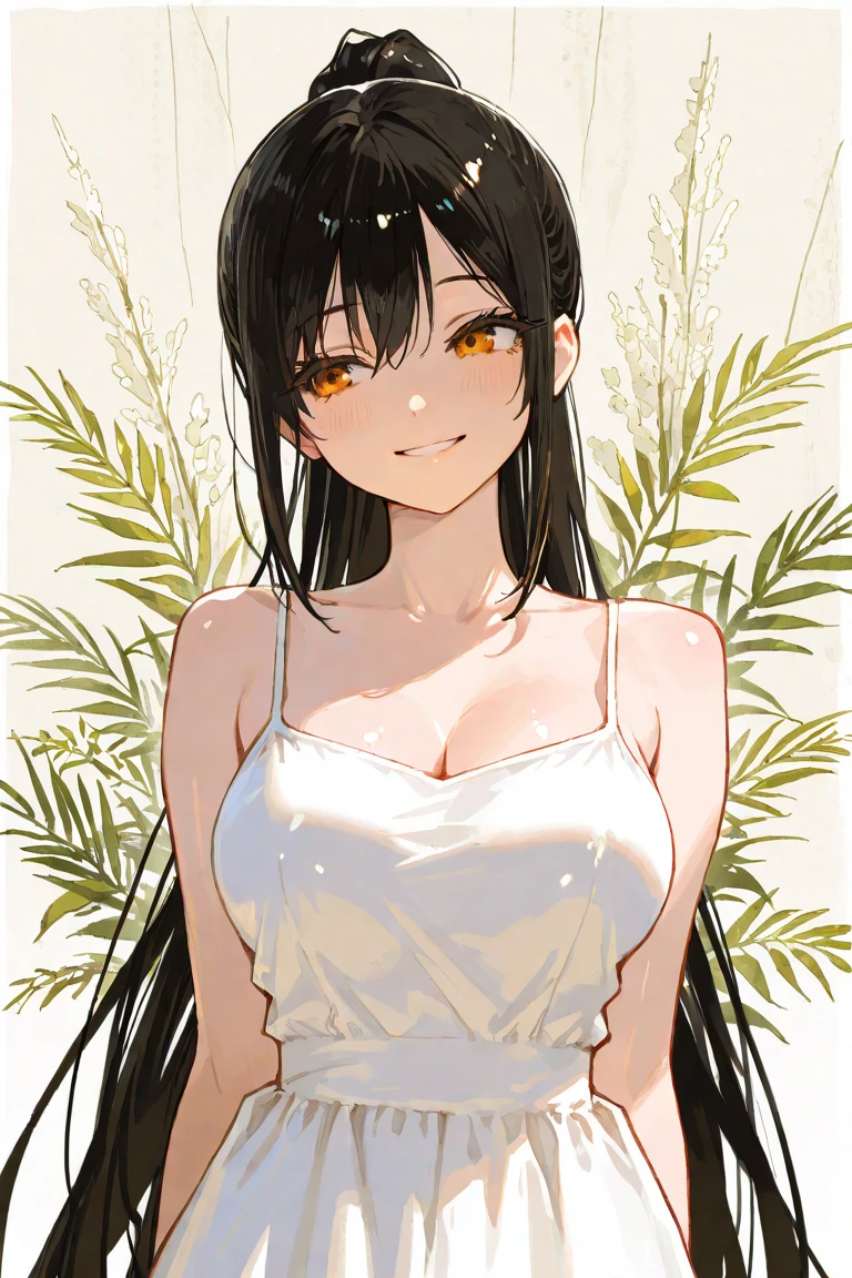 young woman with beautiful body, Caucasian skin, dark brown eyes, Grinning, Short White Dress With Scattered Cut Out Floral Pattern, Front Tied With Bow And A-Line Chiffon Dress