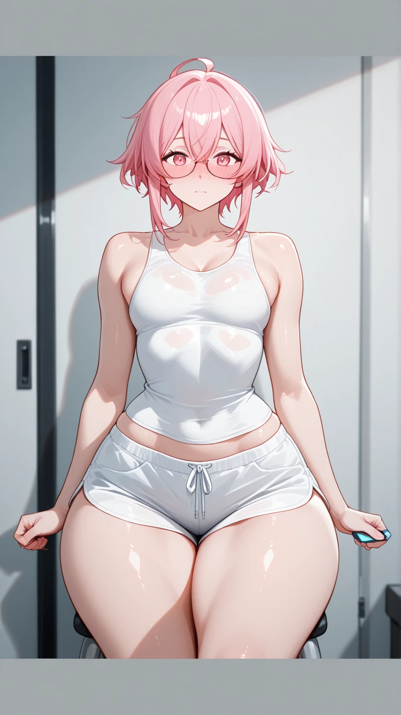 A pink-haired girl with her upper body exposed, exposed, exposed breasts, red bra, pulled so tight, slim waist, slender abs, (white legging can barely hide ass curve), showing breast and curve