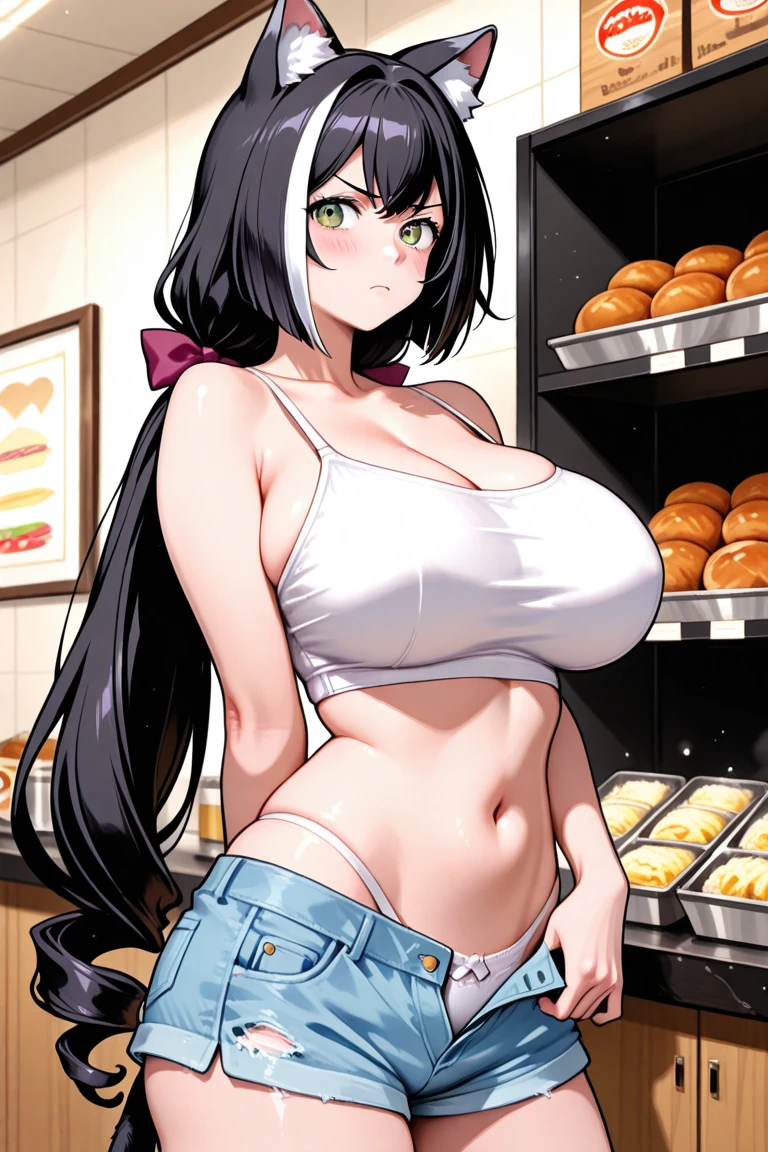 Sexy woman at the grocery store. Young short sexy, tight sexy choker, booty shorts, thin tube top, huge massive hanging breasts, full thick pouty lips, big beautiful smile, sexy wavy hair, big eyes with long eyelashes, big gorgeous smiles, super wide birthing hips, thick toned thighs. Cinematic morning lighting.