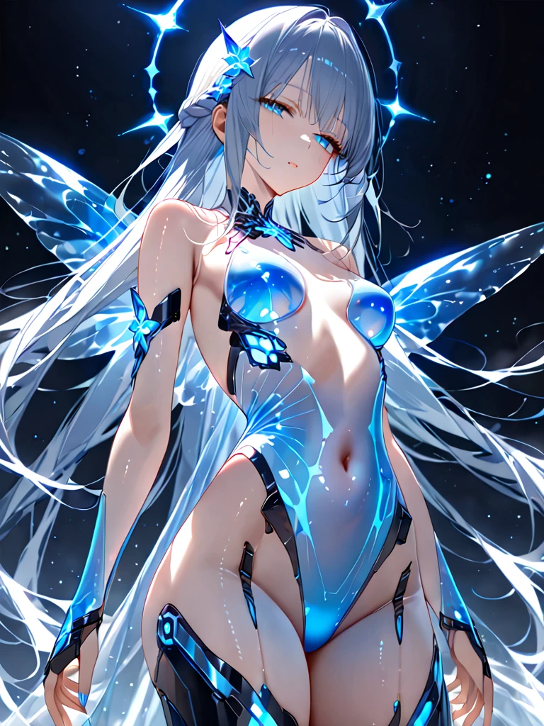 Ridiculous , high resolution, Super detailed, (1 girl:1.3), rest, fantasy dress, headgear, rest, light role, Dark persona, mind control, Fractal, whole body, Ceiling board, artistic background, blue bioluminescence, Geometric, organic, bless, favor, sublime, sublimation, noble, Expand, untie, anti-gravity, antimatter, guardian angel, holy, sacred, lolita, dignified, red bioluminescence, flower, Holographic wings, on the magic circle, Photon, Butterfly, scales, galaxy, Piccolo,