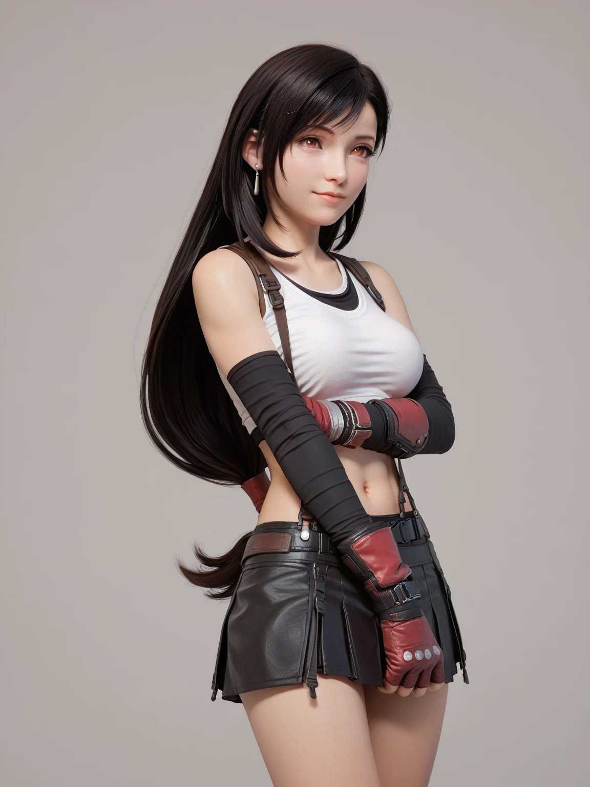 (best quality, masterpiece:1.4), (ultra high resolution:1.4), 8k illustration, extremely detailed, 3D, (realistic:1.45), (photo realistic:1.47), soft focus, blurry background, a Japanese woman, 7rtifa, incredible beautiful woman, extremely delicate and beautiful woman, solo, cute and pretty face, elegant, gentle, neat, red eyes, puffy lips, low-tied long hair, medium breasts, clear and fair skin, perfect figure, earrings, white crop top, suspenders, pleated miniskirt, black thighhighs, arm guards, elbow gloves, fingerless gloves, standing, both hands on hips, gentle smile, (in the slum:1.3), (cowboy shot), (shot from diagonally front), groped by fat ugly pervert, exposed brease