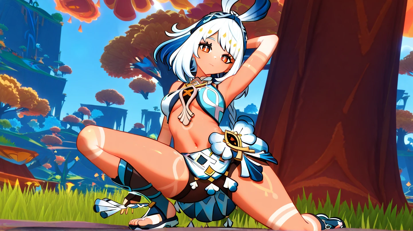 1girl, solo, cowboy shot, large breasts, thin waist, medium hips, abs, toned, expressionless, seductive smile, looking at viewer, Mualani, tanned skin, Genshin, Natlan, masterpiece, best quality, very aesthetic, absurdres, standing