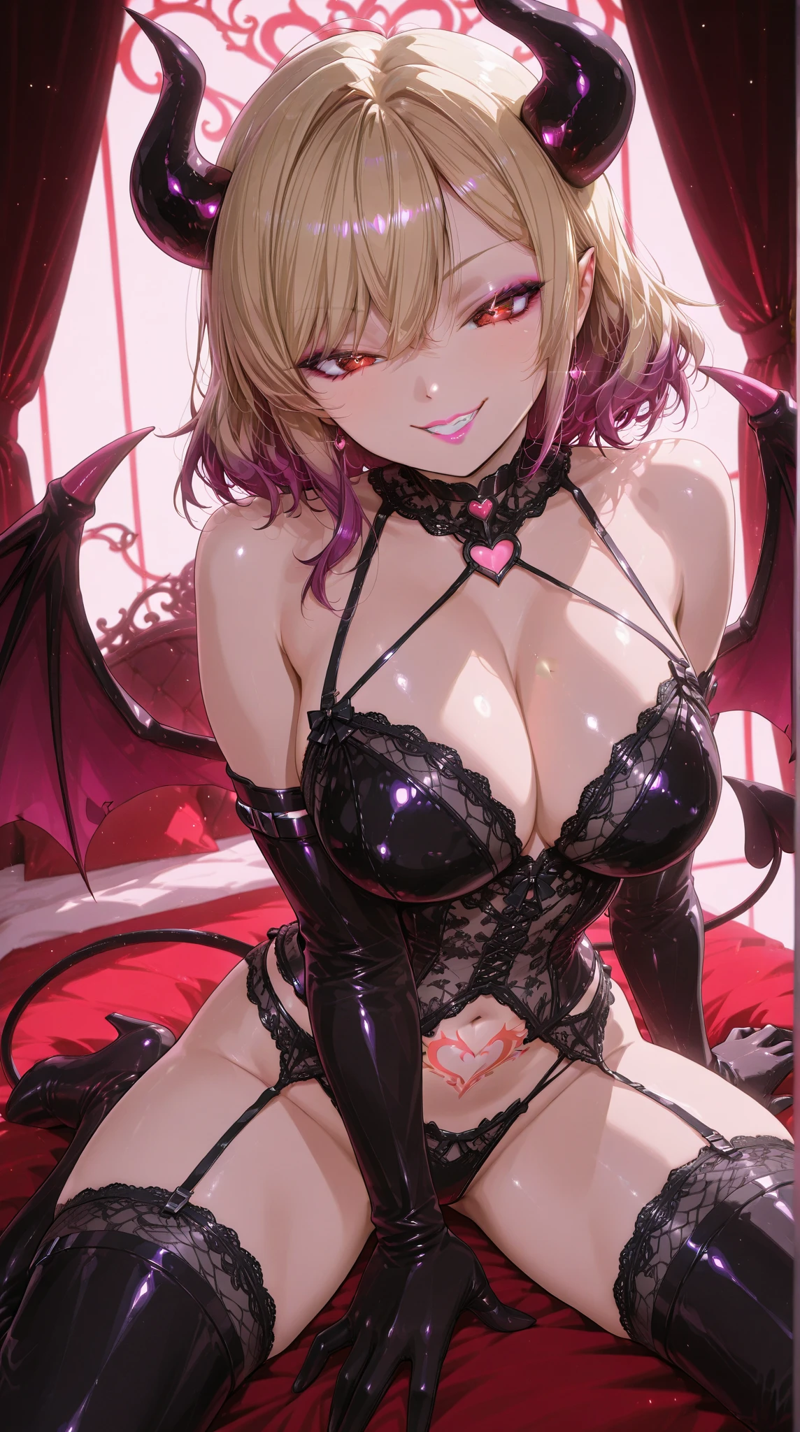 Imitate the above sentences to complete the following prompt words: (NSFW), Flandre Scarlet, Oriental Project, Flandre Scarlet sitting on the bed in her , Clasp your hands around your waist, Bright, vibrant hair with red highlights, Warm, soft lighting, creating a sensual atmosphere, Blurred foreground to focus on the subject, Cute yet mature change in her appearance, Anime style in 4K resolution, exuding a masterpiece quality, Devilish wings visible at the back due to the shower cap, a playful twist on the classic image, Masterfully detailed upper body, revealing just enough to spark curiosity, capturing the essence of Flandre Scar