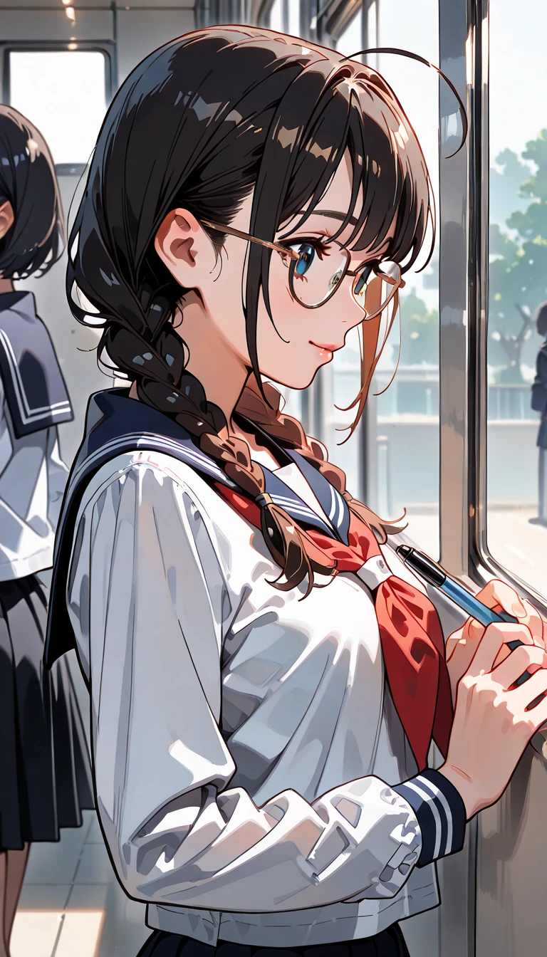 highest quality、High resolution、detailed background、beautiful and detailed face、beautiful and smooth skin、skin texture、Black square glasses、cute10代の美少女、(huge breasts:1.3)、perfect body line、Well-defined model body、black hair braided ponytail、((セクシーなSuper close-up of the nape from the side:1.5))、sexual nape、pink floral embroidered panties、
cuteセーラー服、white sailor collar、Cute colored school cardigan、Pleated mini skirt with tartan plaid pattern、white knee high socks、white overknee socks、in a crowded train、((Super close-up of the nape from the side:1.5))、Enlarged view of the nape of the neck、cute、Don&#39;don&#39;t look here