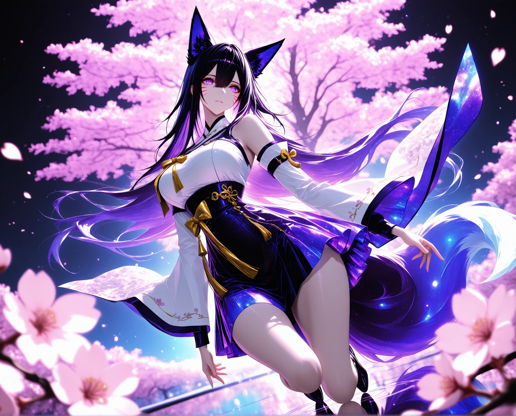 1 woman, sharp purple eyes , multicolored eyes , hair between eyes , long side bangs , black hair with fine purple strands , very long hair , medium breasts , cool, beautiful,
Solo, full Body, (dynamic angle), hazy lights, subdued lighting, blurred figures, dark background , Sakura, (cherry blossoms), detailled dress, short dress, perfect face, beautiful eyes, focus face, (4k,8k,Ultra HD),(Masterpiece:1.2),(Best quality:1.2),(Detailed:1.5),(Scenery),highly detailed,ultra-sharp,8K resolution,character focus,depth of field,(glowing particles),reflection,(Sharp Focus),contrast,(glittered fabric), purple theme, purple and white, vibrant, energetic,(clear lines) , dark outlines,(bold outline) (aesthetic pose), (purple and white clothes) , fox ears, fox tail, nine fox tails, red korean clothes, long sleeves, detached sleeves, bare shoulders, whisker markings, (dynamic pose) , cinematic lighting , cinematic angle, soft light , color detail, backlighting, Depth of field, long exposure, light steps, intricate colors, vibrant colors,, Detailed,Slight blur, soft lips, soft makeup