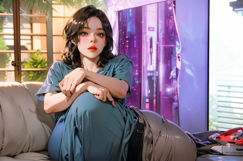 (best quality:1.5, highres, UHD, 4Kj, detailed lighting, shaders), multicolored curly haired, gradient hair, large breasts, suit, gray shirt, black T-shirt, social shirt, short skirt, mature woman , (pov), white background, colorful eyeshadow, dramatic lighting, sparkling eyes, sensual expression, golden earrings, flowing hair, delicate facial features, yellow skin, high cheekbones, urban setting, white background, dont look for the camera,  behind  the camera