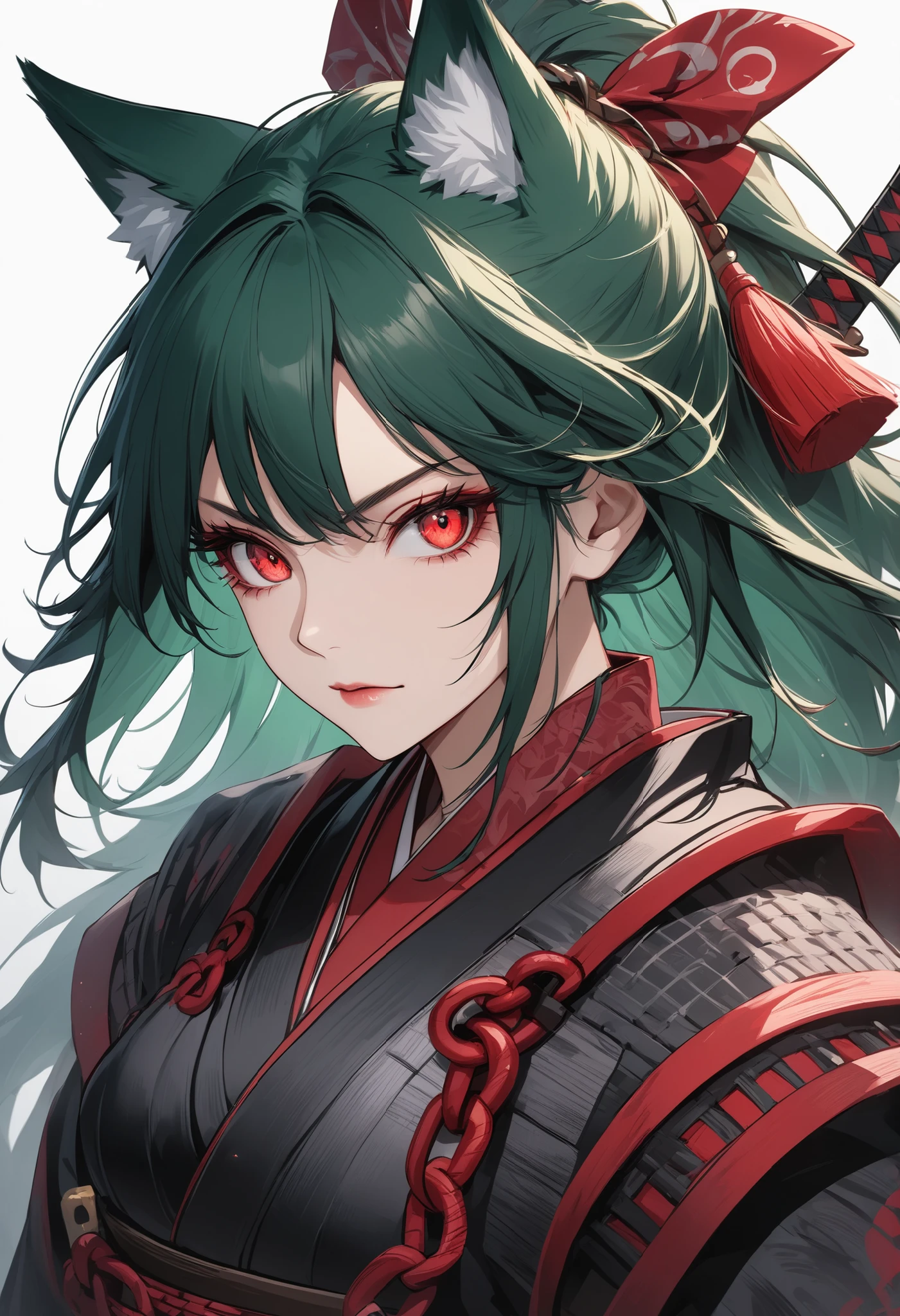 cartoon characters, Full Body, portrait, green wolf , I'm wearing a crimson chain, purple fishnet tights , Wear wooden clogs on your toes, with clear red eyes give off an attractive glow, High resolution combative adult female samurai,