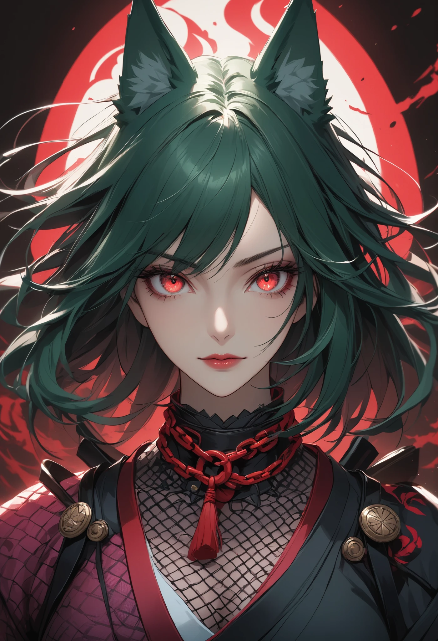 cartoon characters, Full Body, portrait, green wolf , I'm wearing a crimson chain, purple fishnet tights , Wear wooden clogs on your toes, with clear red eyes give off an attractive glow, High resolution combative adult female samurai,