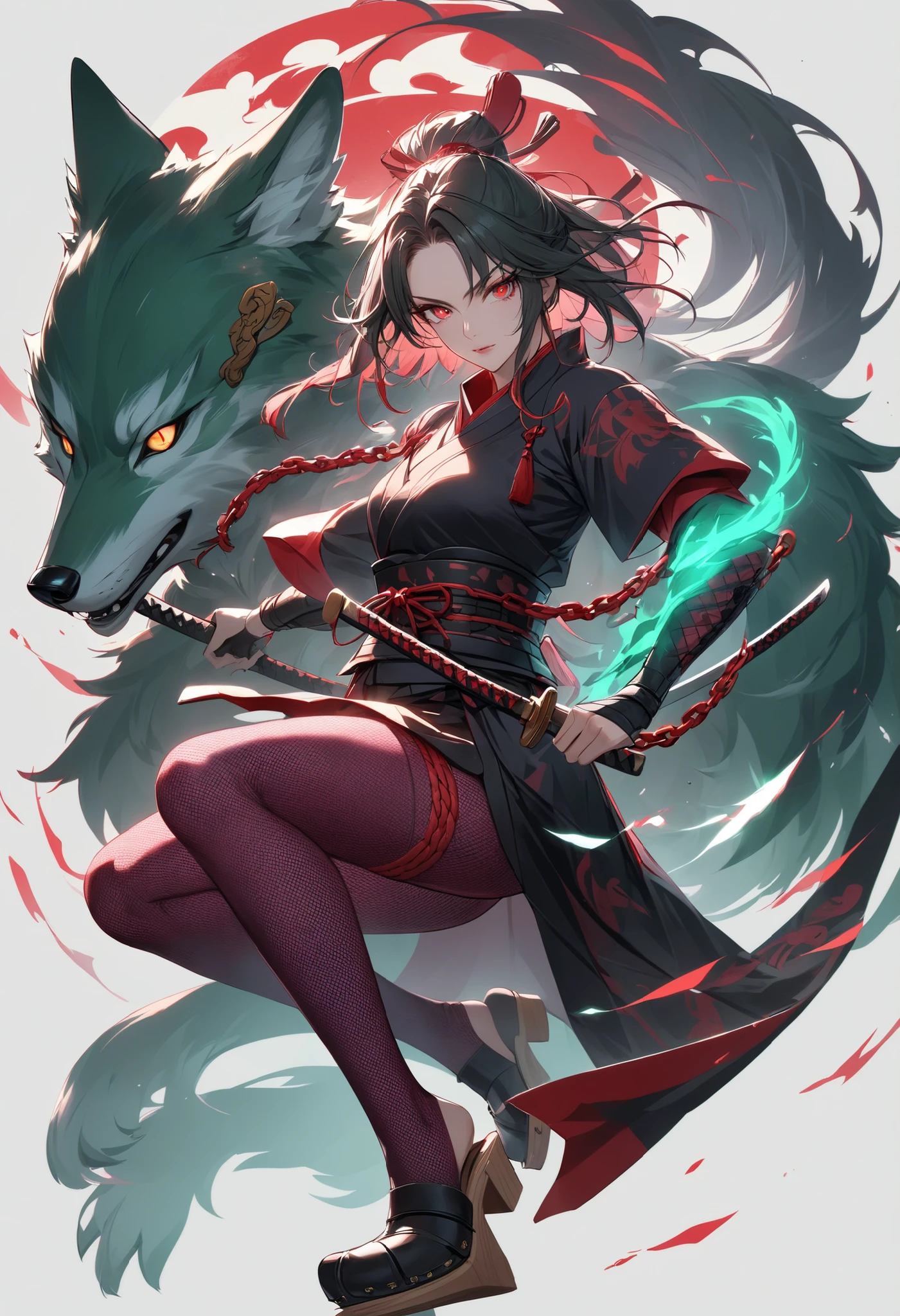 cartoon characters, Full Body, portrait, green wolf , I'm wearing a crimson chain, purple fishnet tights , Wear wooden clogs on your toes, with clear red eyes give off an attractive glow, High resolution combative adult female samurai,
