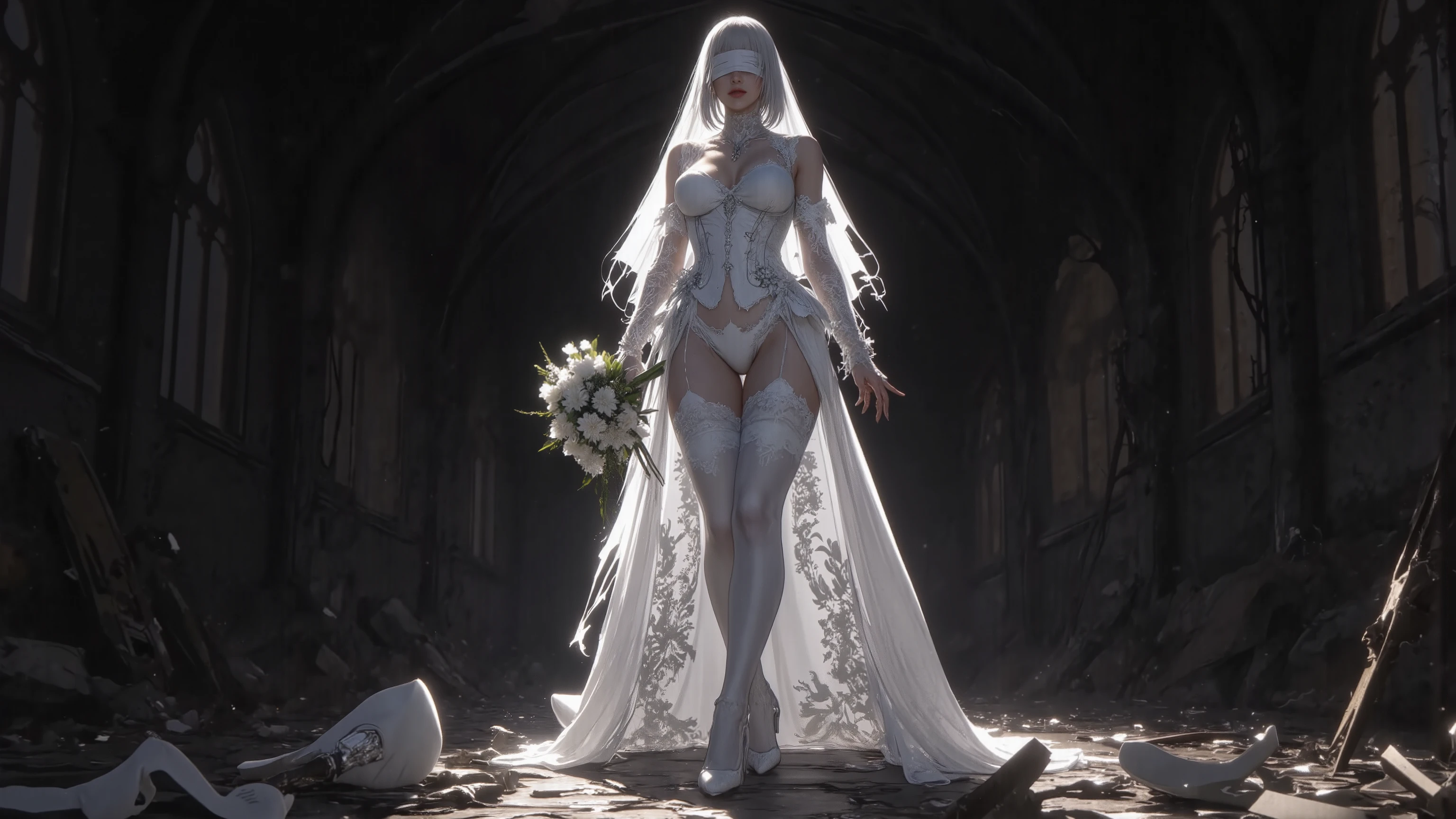 a full body portrait of a woman with white hair, wearing white dressing, (wearing bloody blindfold:1.35), (blindfold covered eyes), in style of manga, beautiful character painting, detailed body, detailed hands, detailed face, white haired deity, epic exquisite manga character, stunning character art, artstation trending