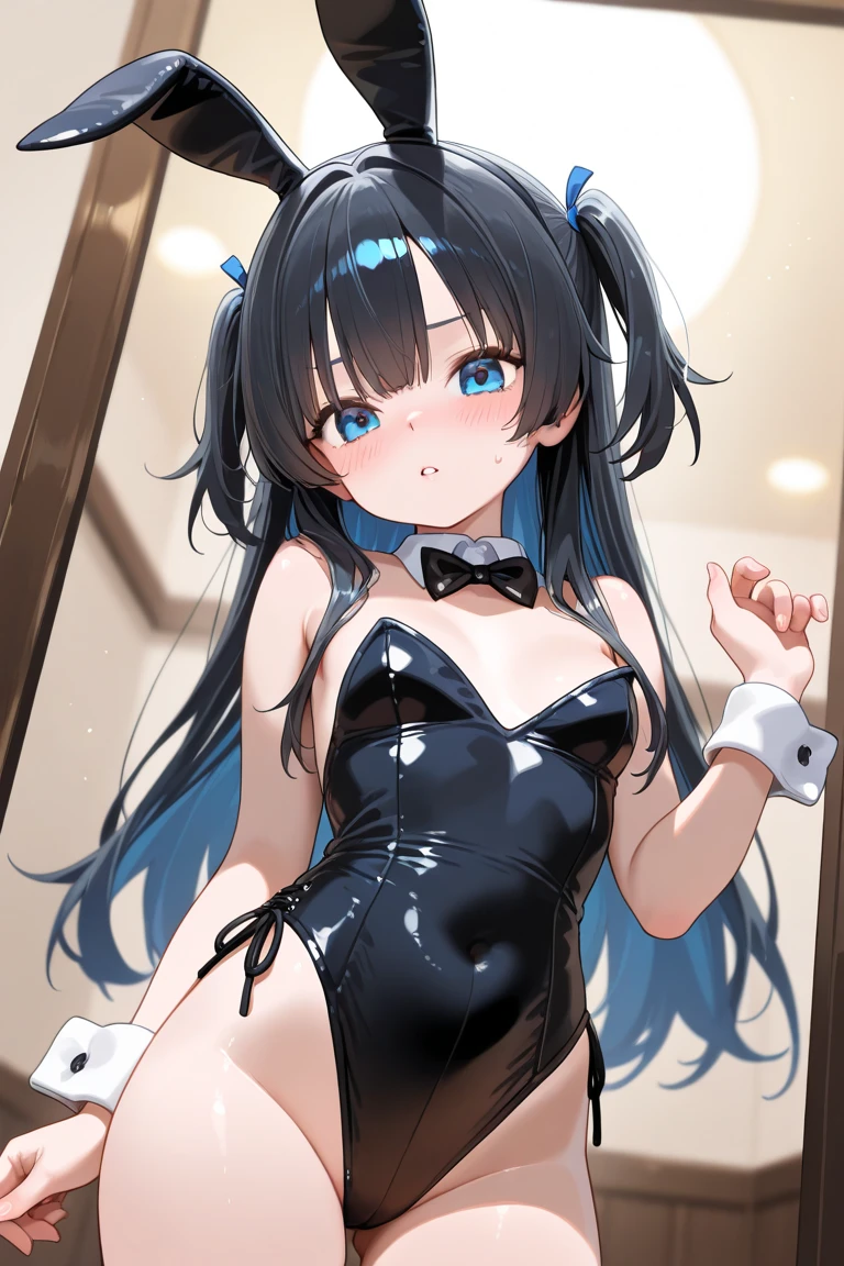 Hands behind back,stand,Straight Stand,open mouth,tongue out,cum on tongue,1girl,((((15-year-old girl)))),Short,slender,small breasts,front view,front face,from front,(looking down:1.5),(from above),(look at viewer),cowboy shot,Black Hair,Medium Hair,two side up,Gray Eyes,Drooping eyes,slit pupils,narrow eyes.Mischievous smile,Sheer black and light blue negligee,Sexy Lingerie,Collar with leash,Dimly lit room,Gray wall,Dim lighting,Beautiful and detailed anime art,