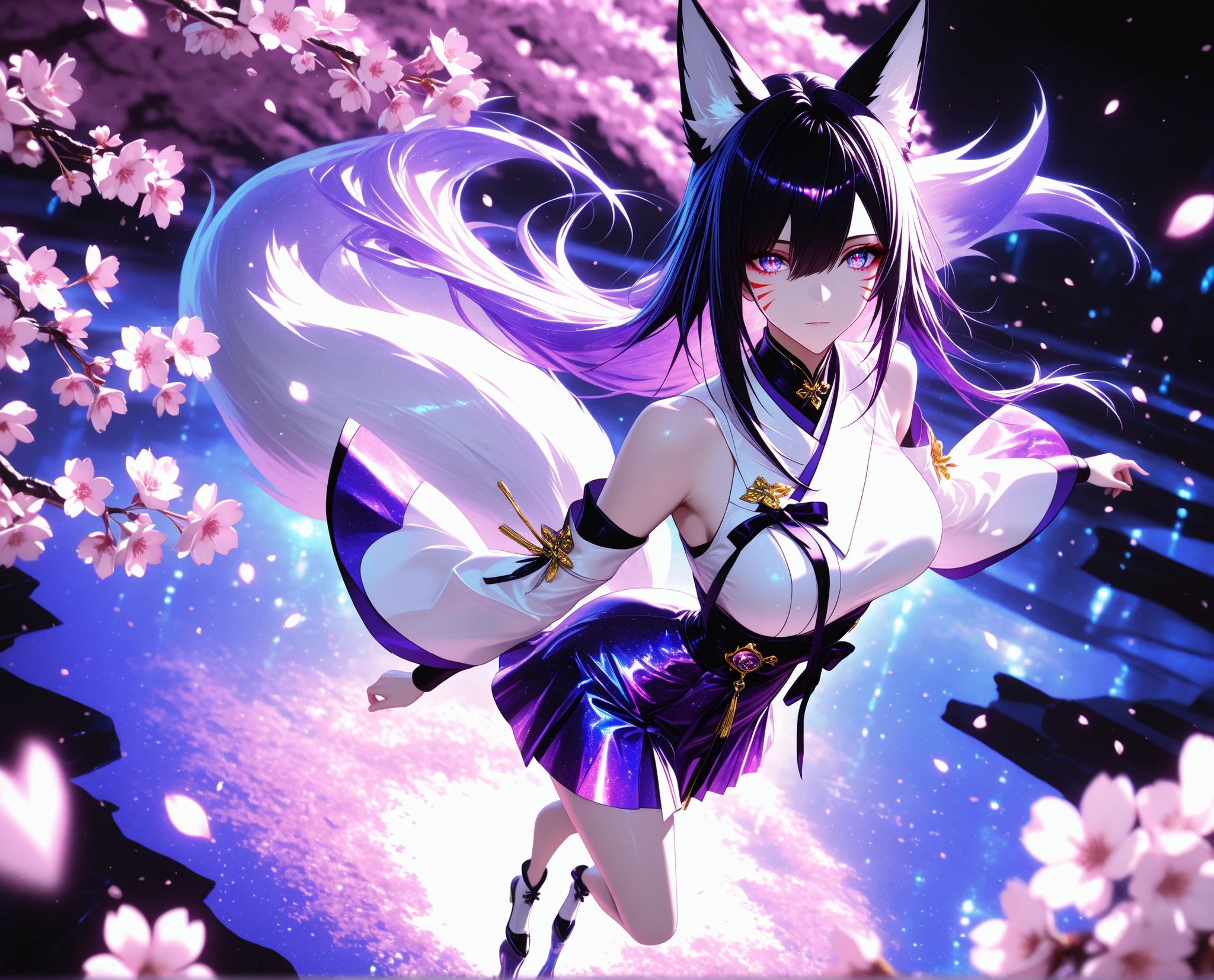 1 woman, sharp purple eyes , multicolored eyes , hair between eyes , long side bangs , black hair with fine purple strands , very long hair , medium breasts , cool, beautiful,
Solo, full Body, (dynamic angle), hazy lights, subdued lighting, blurred figures, dark background , Sakura, (cherry blossoms), detailled dress, short dress, perfect face, beautiful eyes, focus face, (4k,8k,Ultra HD),(Masterpiece:1.2),(Best quality:1.2),(Detailed:1.5),(Scenery),highly detailed,ultra-sharp,8K resolution,character focus,depth of field,(glowing particles),reflection,(Sharp Focus),contrast,(glittered fabric), purple theme, purple and white, vibrant, energetic,(clear lines) , dark outlines,(bold outline) (aesthetic pose), (purple and white clothes) , fox ears, fox tail, nine fox tails, red korean clothes, long sleeves, detached sleeves, bare shoulders, whisker markings, (dynamic pose) , cinematic lighting , cinematic angle, soft light , color detail, backlighting, Depth of field, long exposure, light steps, intricate colors, vibrant colors,, Detailed,Slight blur, soft lips, soft makeup