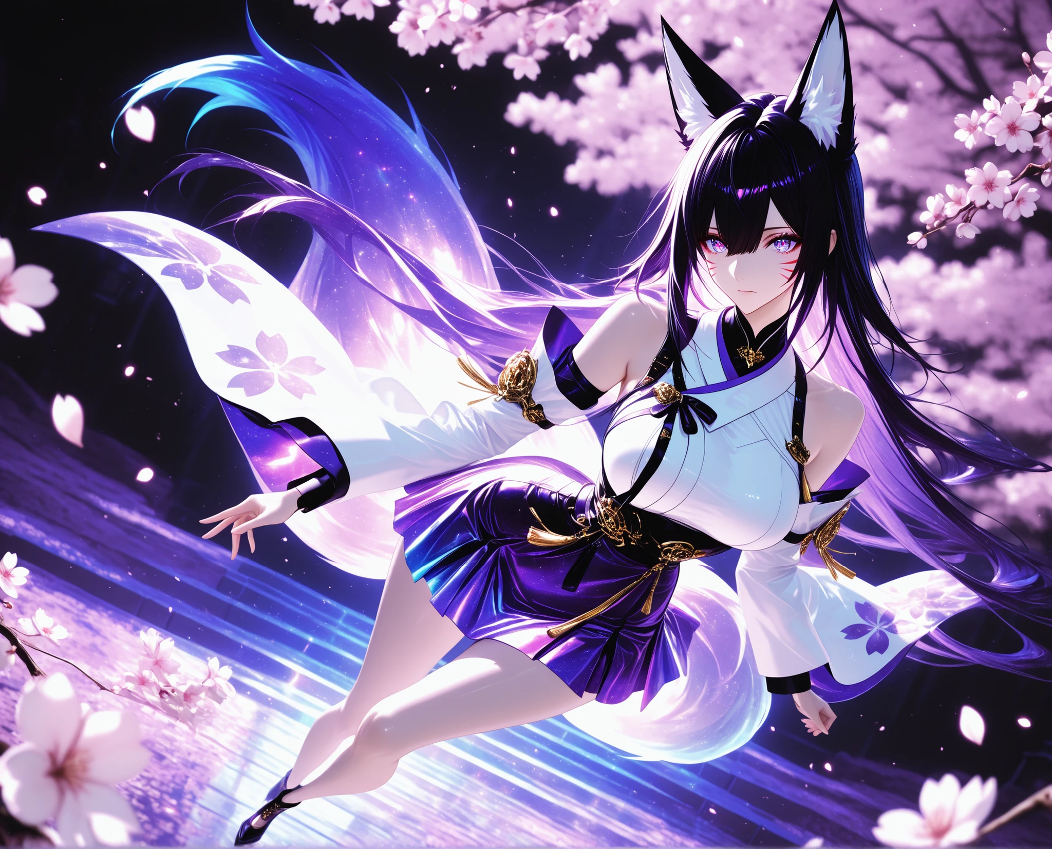 1 woman, sharp purple eyes , multicolored eyes , hair between eyes , long side bangs , black hair with fine purple strands , very long hair , medium breasts , cool, beautiful,
Solo, full Body, (dynamic angle), hazy lights, subdued lighting, blurred figures, dark background , Sakura, (cherry blossoms), detailled dress, short dress, perfect face, beautiful eyes, focus face, (4k,8k,Ultra HD),(Masterpiece:1.2),(Best quality:1.2),(Detailed:1.5),(Scenery),highly detailed,ultra-sharp,8K resolution,character focus,depth of field,(glowing particles),reflection,(Sharp Focus),contrast,(glittered fabric), purple theme, purple and white, vibrant, energetic,(clear lines) , dark outlines,(bold outline) (aesthetic pose), (purple and white clothes) , fox ears, fox tail, nine fox tails, red korean clothes, long sleeves, detached sleeves, bare shoulders, whisker markings, (dynamic pose) , cinematic lighting , cinematic angle, soft light , color detail, backlighting, Depth of field, long exposure, light steps, intricate colors, vibrant colors,, Detailed,Slight blur, soft lips, soft makeup