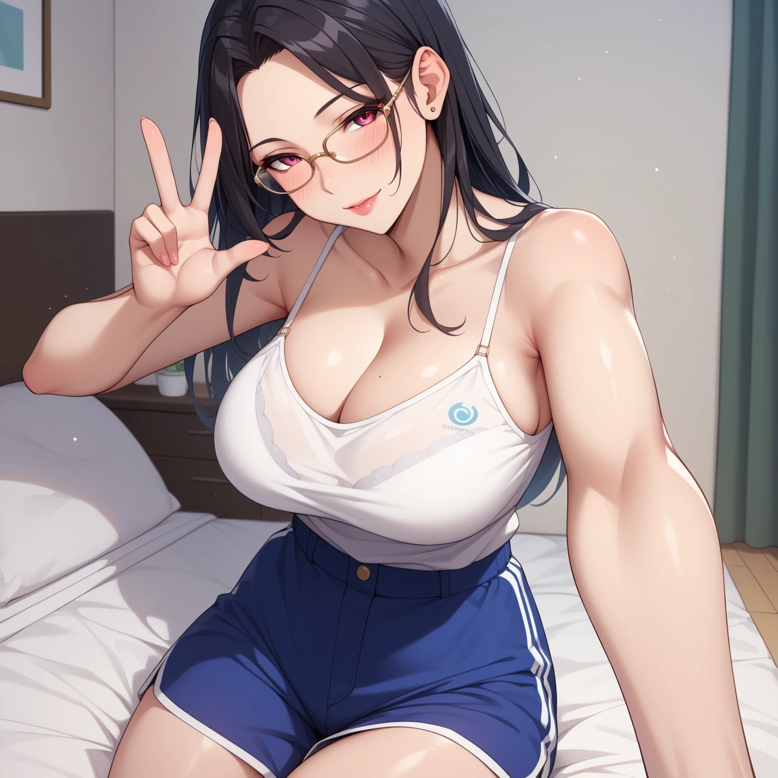 Beautiful mature woman, purple hair, blue eyes, thin frame eyeglasses, extremely long hair, messy hair, hair covering one eye, freckles on face, smiling, blushing, thick lips, full lips, huge breasts, extreme cleavage, deep cleavage, very thin body, abs, blue sports bra, midriff, sleeveless, bare arms, yoga pants, heart shaped choker, perfect anatomy, ultra-detailed, 4k, 8k, best quality, masterpiece, detailed background, gym background, exercising