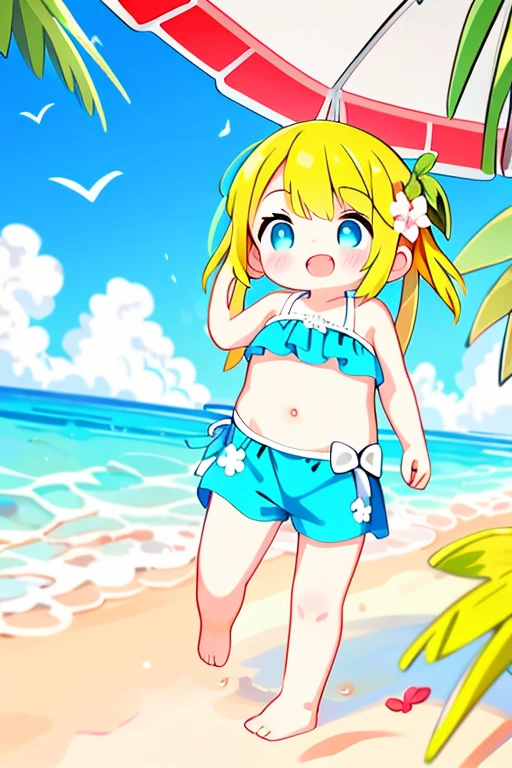 High resolution,high quality,girl１,Perfect body,Full Face,Full Finger,Flashy Bikini,cowboy shot,horizontal line,barefoot,Beach Ball 1,smile,looking at the camera,blue sky,White cloud