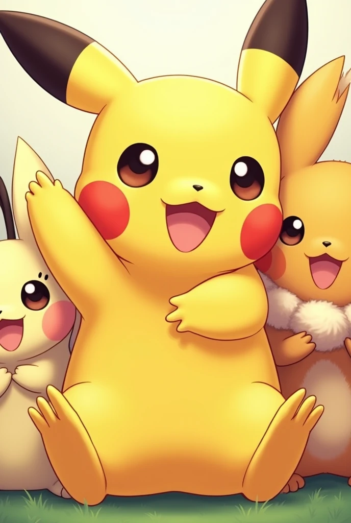 multiple_persona, pokemon \(creature\), Pikachu, Pichu, Raichu, pokemon_focus, sitting, smile, detailed character portrait, high quality, 8K, professional, illustration, dynamic lighting, vibrant colors, warm palette, whimsical, playful, expressive