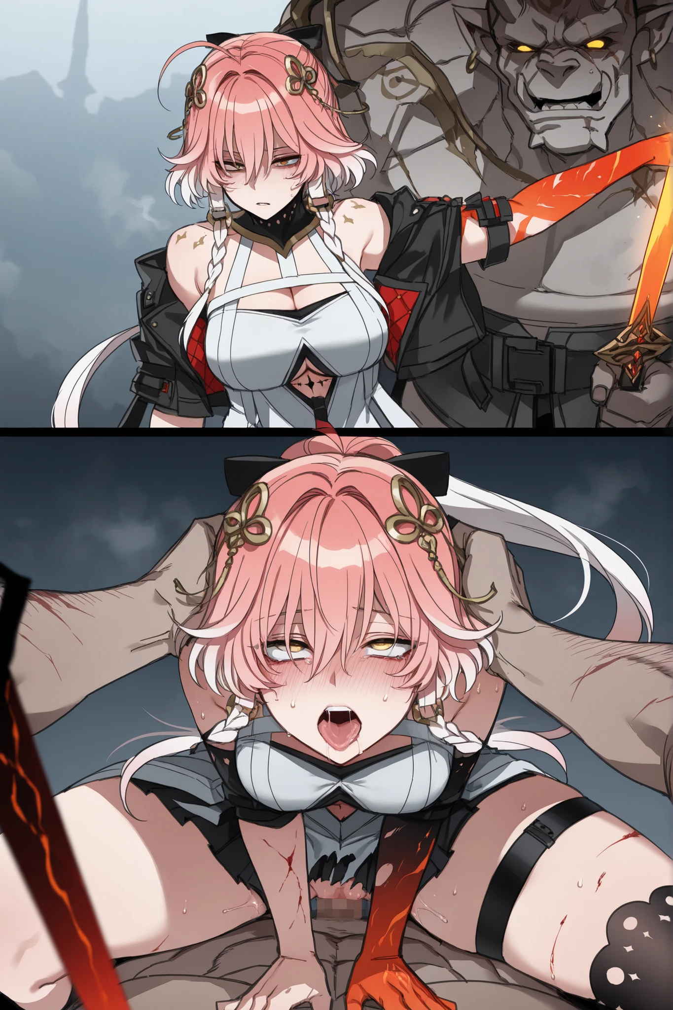 ,(((NSFW))),((((Highest quality,detailed):1.5)))、(Fox ears、Silver Hair、Short bob cut、Red Eyes、Small nipples、Pregnancy-friendly body type、Black Ribbon、Completely naked、Red dog collar with lead、:1,5)/(Frightened face、Tears、Semen dripping pussy、(((Cover your face with your hands)))).White speech bubble、Onomatopoeia of moaning(scene:basement、dark、bed、The light comes from a candle on the wall、Knife stuck in the wall)、(One girl、One Man)、(Rear view of a man holding scissors:1.3)