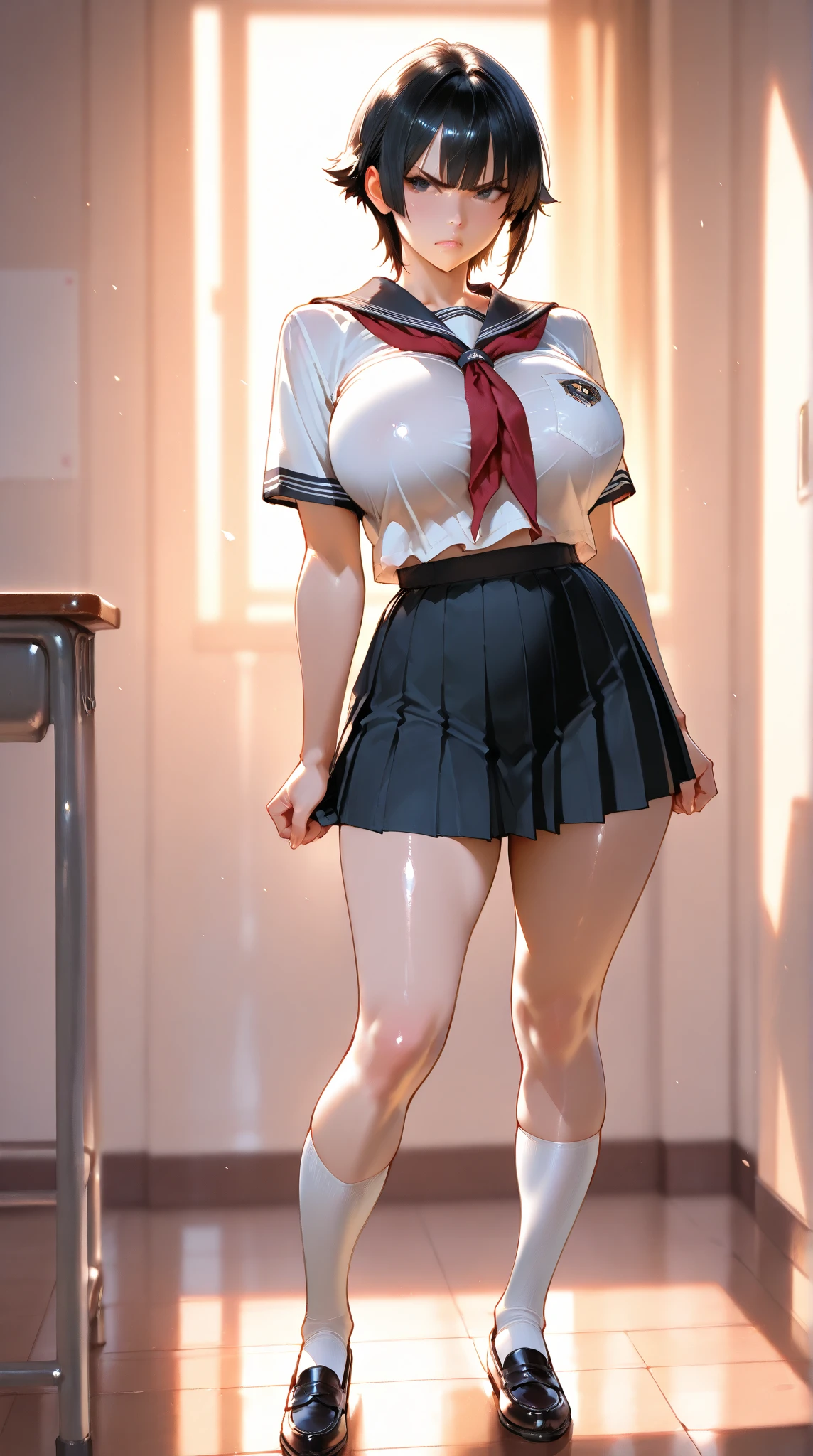 highest quality,masterpiece,8k,((((One girl)))),((Big Breasts:1.3)),orgasm,blush,Sweat,Twelve Zodiac Signs_Soon,Black Hair,short hair,((serafuku,White shirt,Black Skirt,mini skirt,Lift up your skirt,Under the skirt,Black knee socks,Semen drops:1.1)),whole body,((Recall)),Embrace your chest