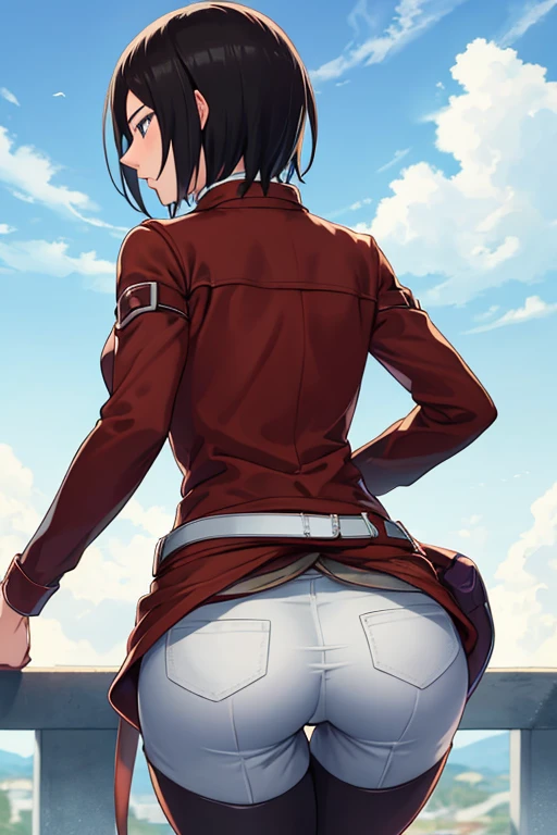 girl in booty shorts, wearing oven mittens tucked in pockets, blindfold

