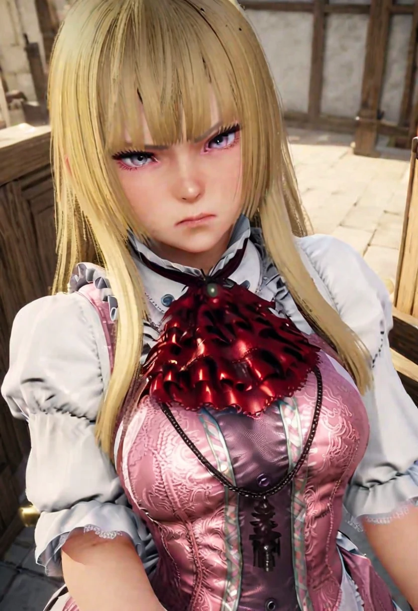 Anime - blonde hair, blue eyes, pose for photo style, woman, cinematic bust shot, Biomechanical OPPAI, extremely detailed goddess shot, close up bust shot, cinematic close-up bust shot, v from devil may cry as an elf, hanayamata, Shot on Canon EOS R 6, Bust Up Shot, SFW version, bust view