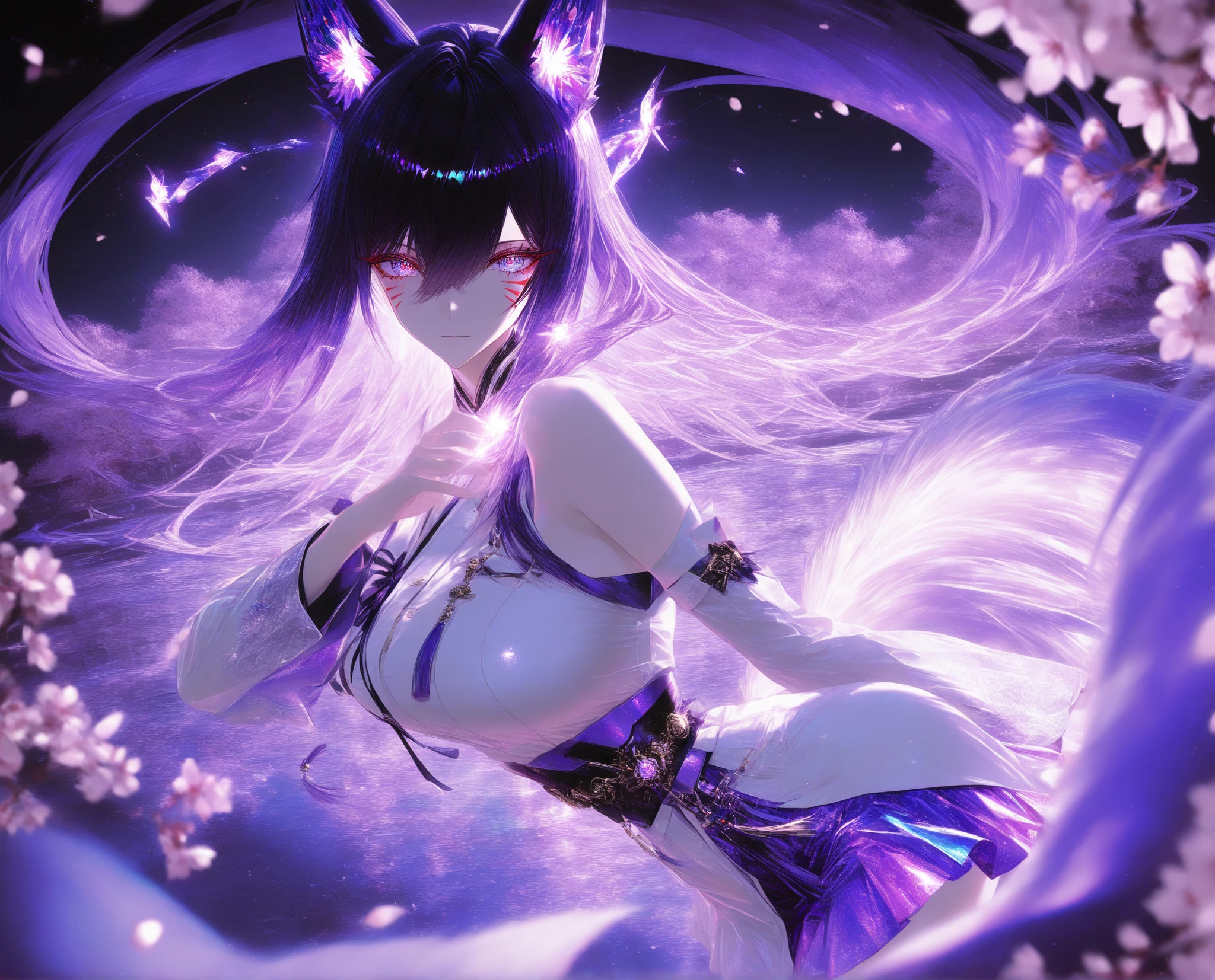 1 woman, sharp purple eyes , multicolored eyes , hair between eyes , long side bangs , black hair with fine purple strands , very long hair , medium breasts , cool, beautiful,
Solo, full Body, (dynamic angle), hazy lights, subdued lighting, blurred figures, dark background , Sakura, (cherry blossoms), detailled dress, short dress, perfect face, beautiful eyes, focus face, (4k,8k,Ultra HD),(Masterpiece:1.2),(Best quality:1.2),(Detailed:1.5),(Scenery),highly detailed,ultra-sharp,8K resolution,character focus,depth of field,(glowing particles),reflection,(Sharp Focus),contrast,(glittered fabric), purple theme, purple and white, vibrant, energetic,(clear lines) , dark outlines,(bold outline) (aesthetic pose), (purple and white clothes) , fox ears, fox tail, nine fox tails, red korean clothes, long sleeves, detached sleeves, bare shoulders, whisker markings, (dynamic pose) , cinematic lighting , cinematic angle, soft light , color detail, backlighting, Depth of field, long exposure, light steps, intricate colors, vibrant colors,, Detailed,Slight blur, soft lips, soft makeup
