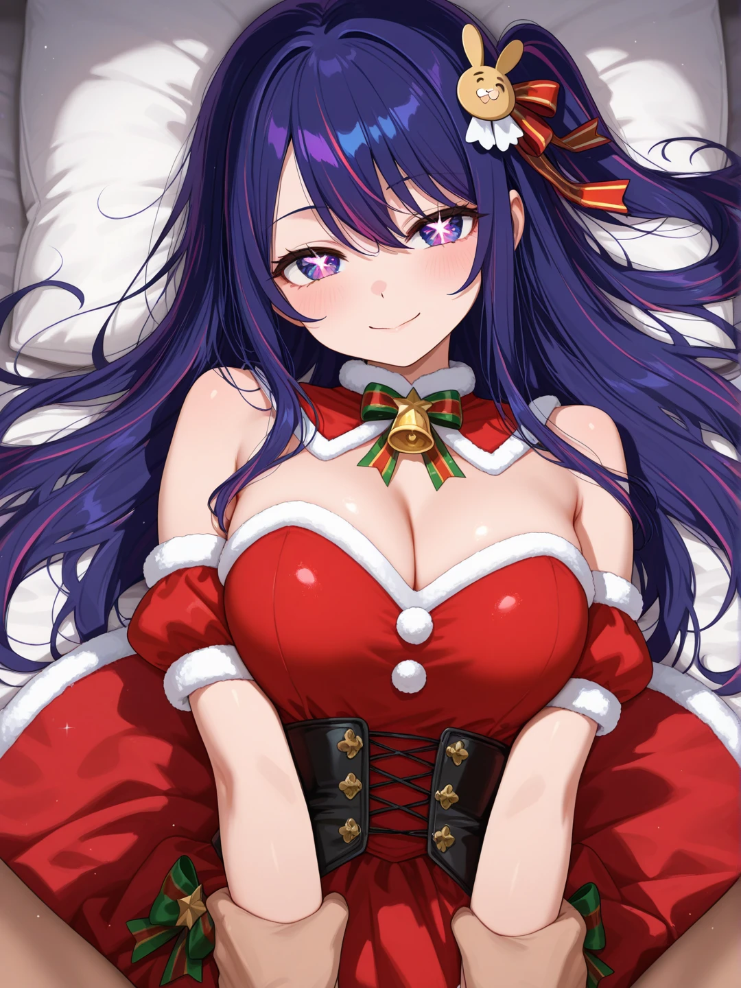 ８K、Best Quality、snowy night、room with outside view、独奏、a beauty girl、delicated face、a smile、Long pigtails、Purple hair、red eyes、cleavage of the breast、Colossal tits:1.8、big butts:5.5、big breasts thin waist、Beautiful constriction、shinny skin、beauty legs、Red and white Santa clothes、Santa's Hat、crouching down、open the legs widely、Touching the feet、sole of feet、