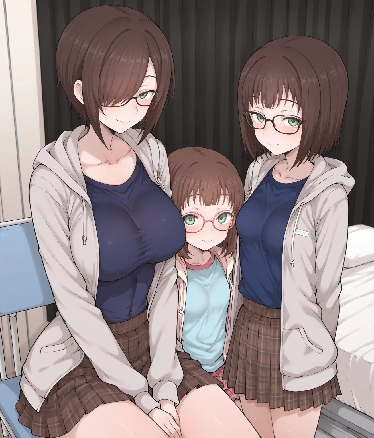 masterpiece,Highest quality,NSFW,woman2人,(((Mother,woman,short hair,Black Hair,Glasses,Big Breasts,Big Butt,Thighs,Brown nipples,Black crotch,pubic hair))),(((daughter,Young,Side Tail,small,Small breasts,Pink nipples,pubic hair無し,naked eye))),Completely naked