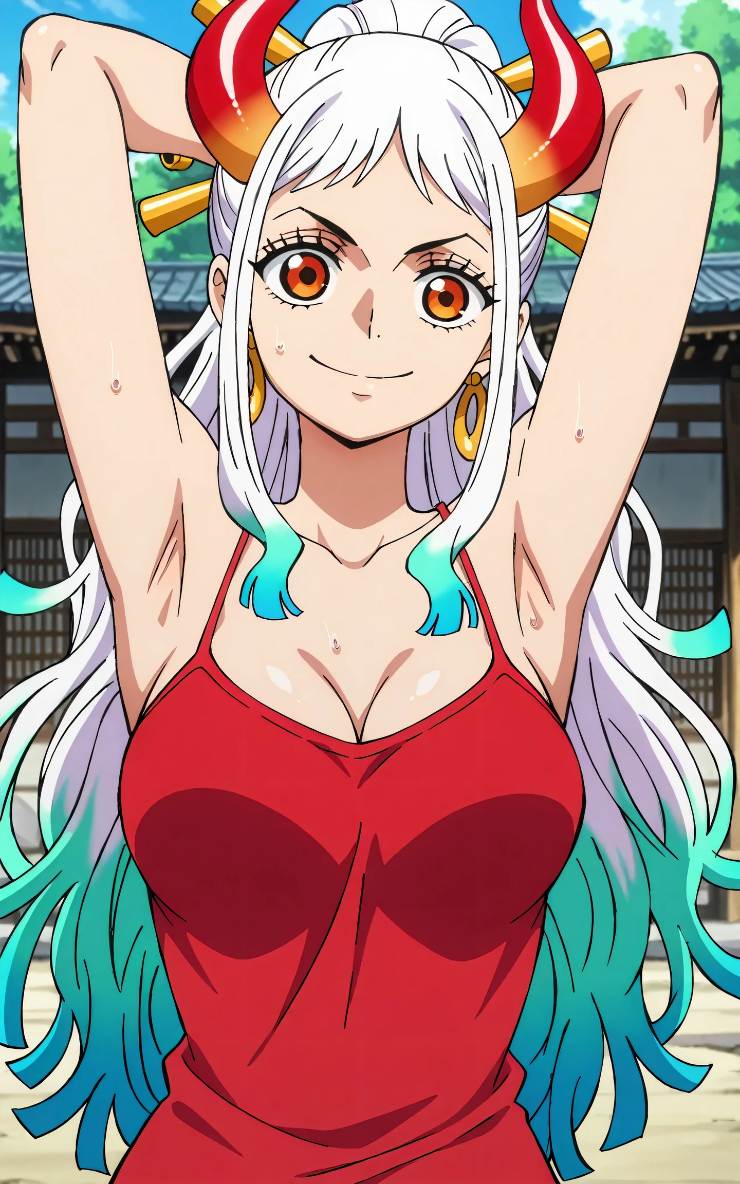 masterpiece, best quality, amazing quality, light source in front, anime screencap, anime coloring, 1girl, solo, yamato, long hair, ponytail, multicolored hair, white hair, aqua hair, orange eyes, medium breasts, earrings, horns, colored horns, hair stick, red tank top, spaghetti straps, skindentation, (sweaty:0.5), arms behind head, armpits, armpits focus, head towards viewer, looking at viewer, direct eye contact, smile, confident, closed mouth, outdoors, day