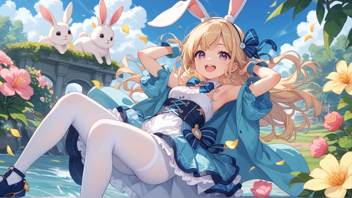 Fullbody shot, a cute Bunny girl, with long white hair, smiling happily, holding an Easter Egg, a cute creature with large, expressive eyes, combining the charm of a girl and a bunny, with a bunny shoes, sorrounded by many daisies flowers, ethereal, surreal, phantasm, high quality