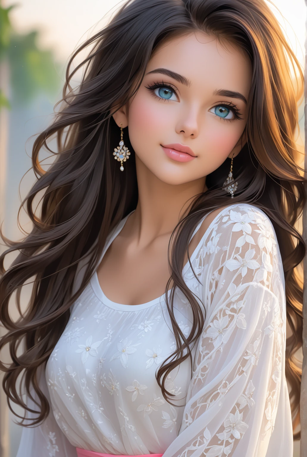 Solo, High Resolution, Long Hair, Breasts, Earrings, Blue eyes, Blush, Parted Lips, Nose Blush, Light Smile, Social Realism,