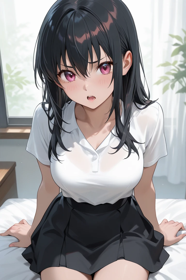 1girl, mature women,perfect ,black hair, long hair, (hair over one eye:1.4), messy hair, hair between eyes,plump ,saggy breast, pajama, cute shy blush on , bedroom 
