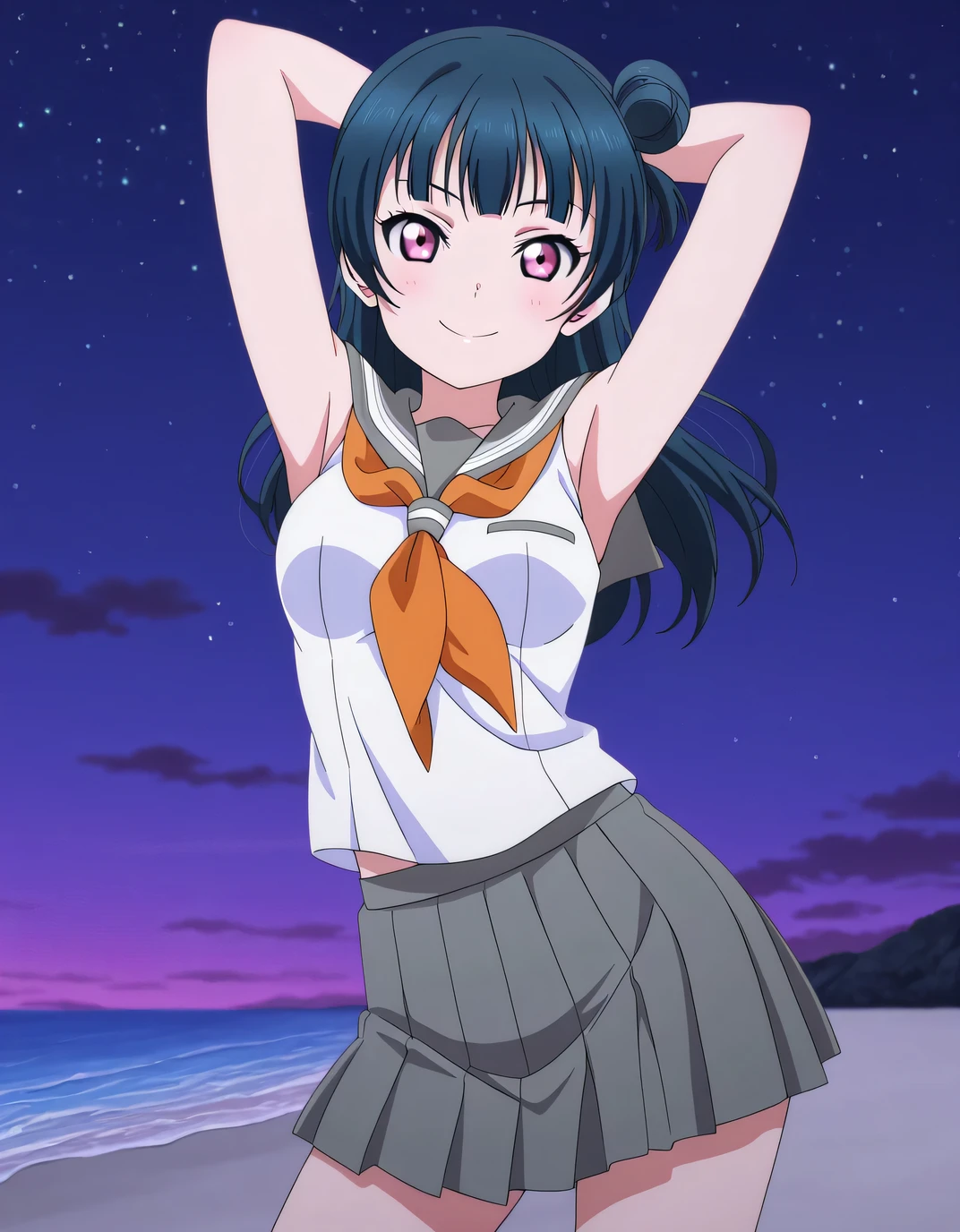 yoshiko tsushima, long hair, bangs, blue hair, pink eyes, hair bun, single hair bun, single side bun, medium breasts, anime screencap, shirt, white shirt, serafuku, neckerchief, orange neckerchief, sleeveless, skirt, pleated skirt, grey skirt, high quality, closed mouth, solo, cowboy shot, night sky, beach, hands behind head, ((contrapposto)), looking at viewer, smile, best quality