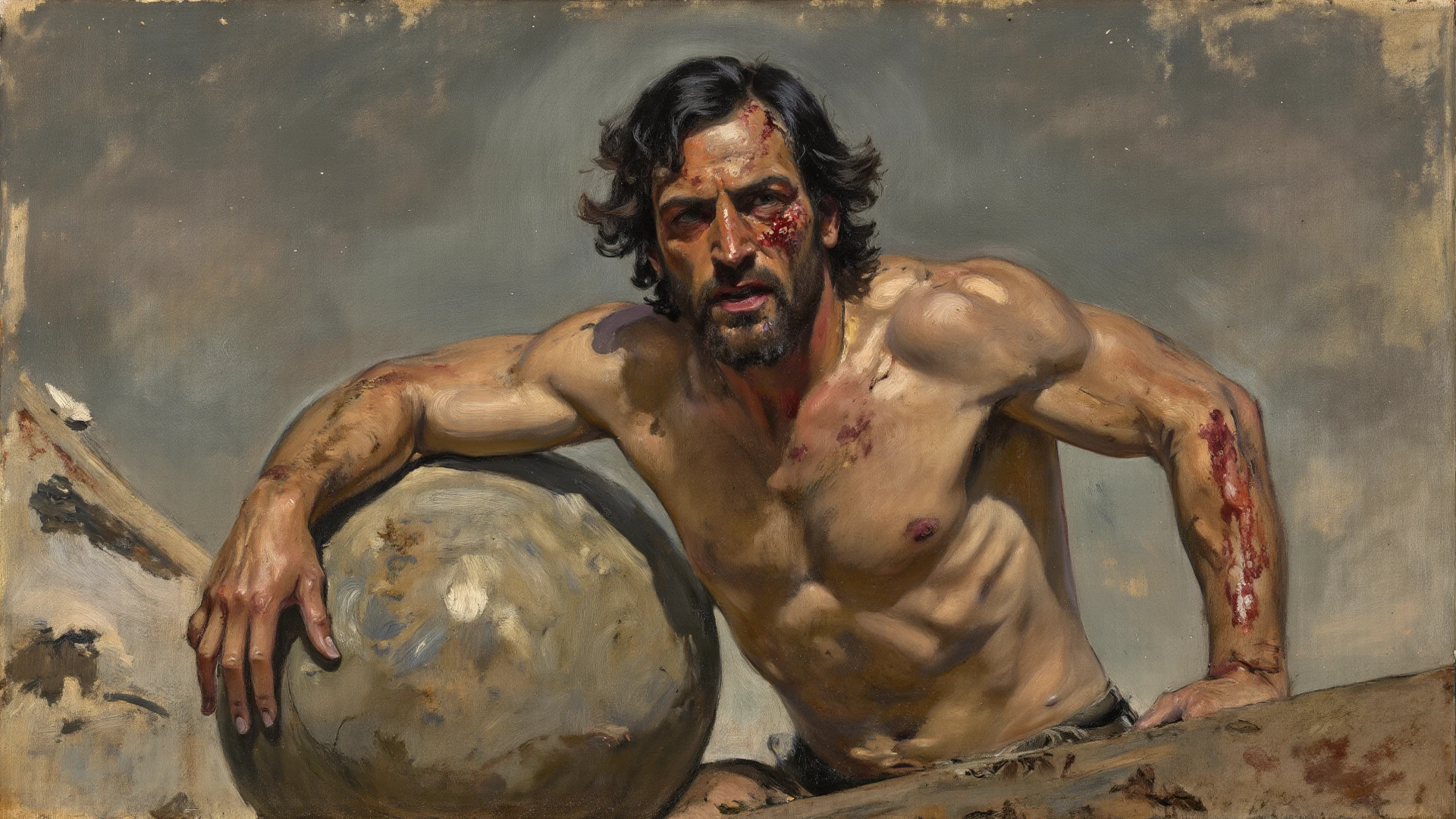 oil painting, masterpiece, full body, full body, oil Painting, oil painting of a Roman Gladiator, masculine appeal, handsome, by Alexandre Cabanel, by Daniel Gerhartz, pre-Raphaelite movement, neoclassical style, Aegean sea landscape background, beautiful man, scantily clad, dark olive skin, (( big bulge)), chest, abs, full body, perfect eye chiaroscuro mood, oil painting, classic era,  perfect composition, perfect face, edge lighting, intricate, oil on canvas, Beautiful details, masterpiece, ominous, standing, vpl, navel, shirtless, underwear, full body shot, classic painting, neoclassic style, regency era, perfect composition, canvas texture, regency style, perfect composition, canvas texture, landscape background