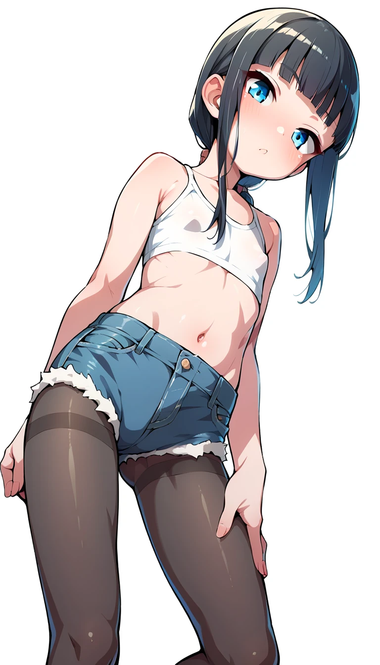 (masterpiece), (best quality), ((ultra-detailed)), (high resolution), (an extremely delicate and beautiful, super fine illustration), official art, BREAK (1girl), (loli:1.8), (tiny girl:1.6), (8yo) (flat chest:1.4), Plump, (Thick thighs:1.8), (big ass:1.5), erect nipples, Huge areola, large nipples, (long nipples:1.4), erect nipples, oily skin, BREAK droopy eyes, (emerald blue eyes:1.3), (bad mood:1.5), (clear face:1.5), (half closed eyes:2.1), BREAK (bob cut:1.3), tired hair, messy hair, blue colored inner hair, Black hair color, (girl wearing round black glasses), BREAK (blue striped cropped white tank top:1.7), (cropped black jacket:1.6), (micro shorts:1.5), (pink sneakers:1.4), (front view:1.5), full body,