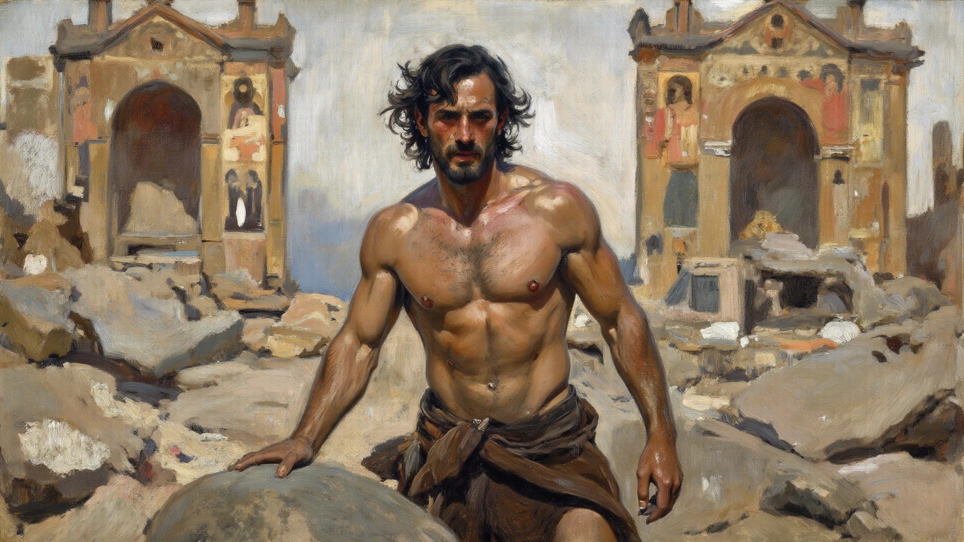 Lawrence Alma-Tadema style, solo god male in ancient temple, torso with 6 arms, muscular body, muscular pecs, (God of War), (sword and fire in hands), broad shoulders, bright, fullbody, (bloody body pierced by arrows), red eyed, masculine white-blue cloth, white sunlight rays, with plants beautiful, face turned away, (torso with 6 arms), ((1 head, 6 arms)), european caucasian cute normal, poster epic positive style, super detailed, masterpiece, hq, 4k, high detalisation, sexual, transparent, frontal view, bent over bending over stoop, correct anatomy, (zentangle, mandala, tangle, entangle:0.6, tarot card style)