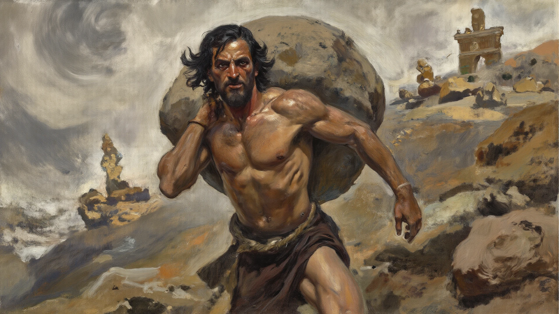 in Contemporary Tunic, hercules pushing huge rock uphill, Tiny, oil painting