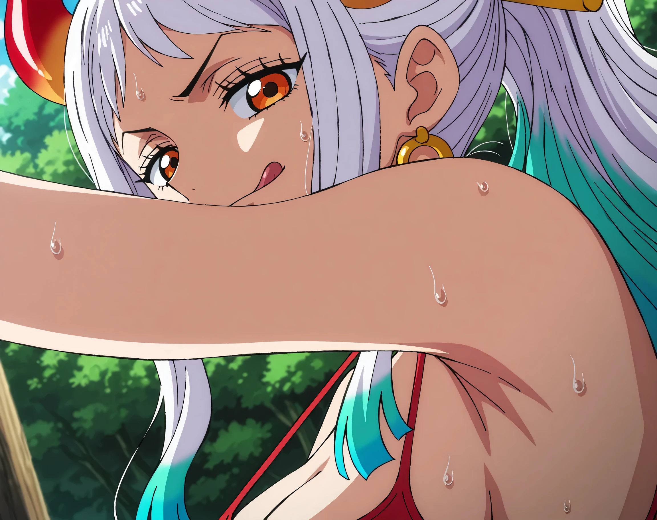 masterpiece, best quality, amazing quality, light source in front, anime screencap, anime coloring, 1girl, solo, yamato, long hair, ponytail, multicolored hair, white hair, aqua hair, orange eyes, medium breasts, earrings, horns, colored horns, hair stick, red tank top, spaghetti straps, skindentation, (sweaty:0.7), arm up, raised arm, armpit, armpit focus, head towards viewer, looking at viewer, direct eye contact, smile, smug, half-closed eyes, confident, closed mouth, outdoors, day, from side, licking lips, armpit up close, close-up of armpit