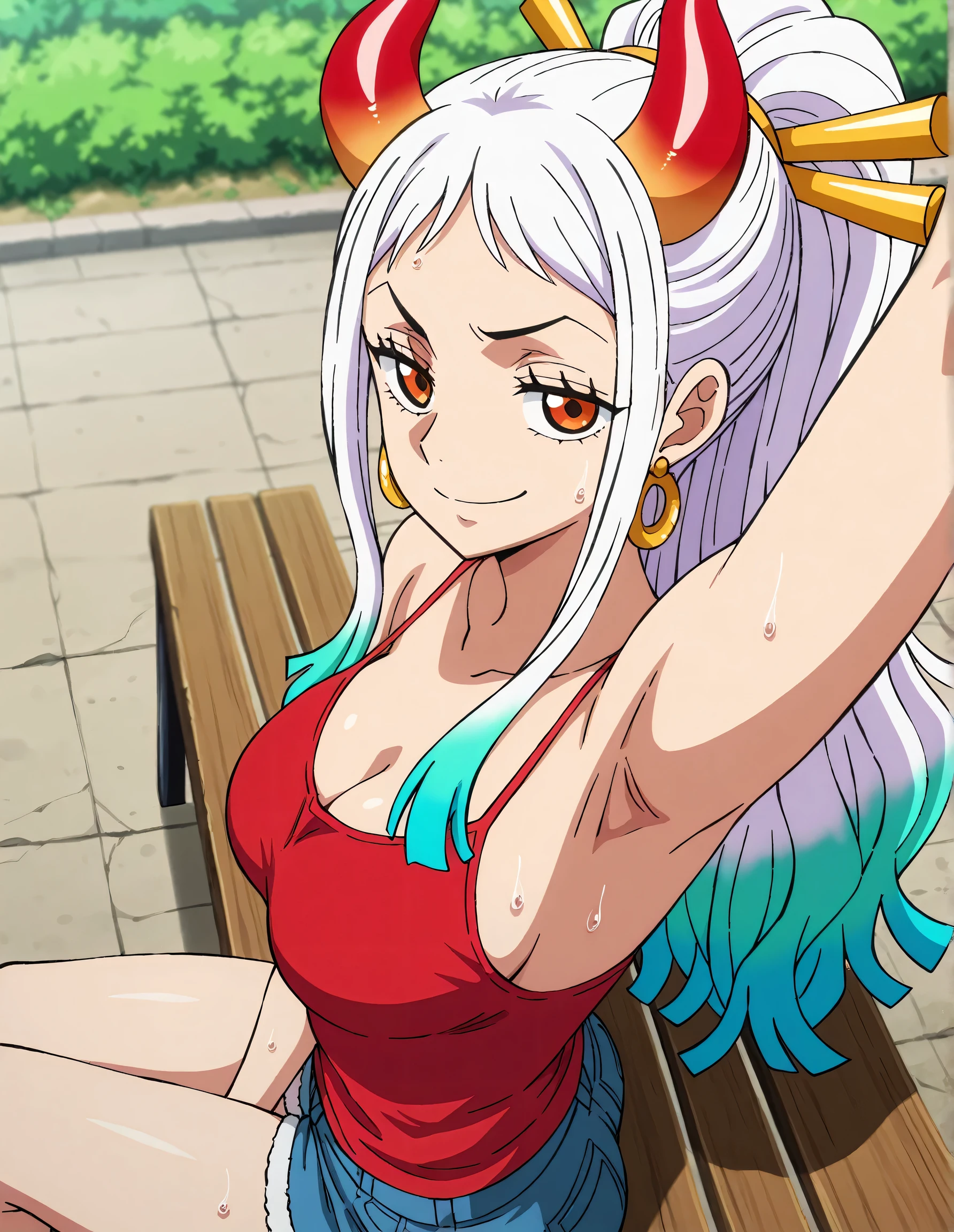 masterpiece, best quality, amazing quality, light source in front, anime screencap, anime coloring, 1girl, solo, yamato, long hair, ponytail, multicolored hair, white hair, aqua hair, orange eyes, medium breasts, earrings, horns, colored horns, hair stick, red tank top, spaghetti straps, skindentation, (sweaty:0.7), arm on head, armpit, armpit focus, head towards viewer, looking at viewer, direct eye contact, smile, smug, half-closed eyes, confident, closed mouth, outdoors, day, from side, from above, sitting on a bench, short shorts