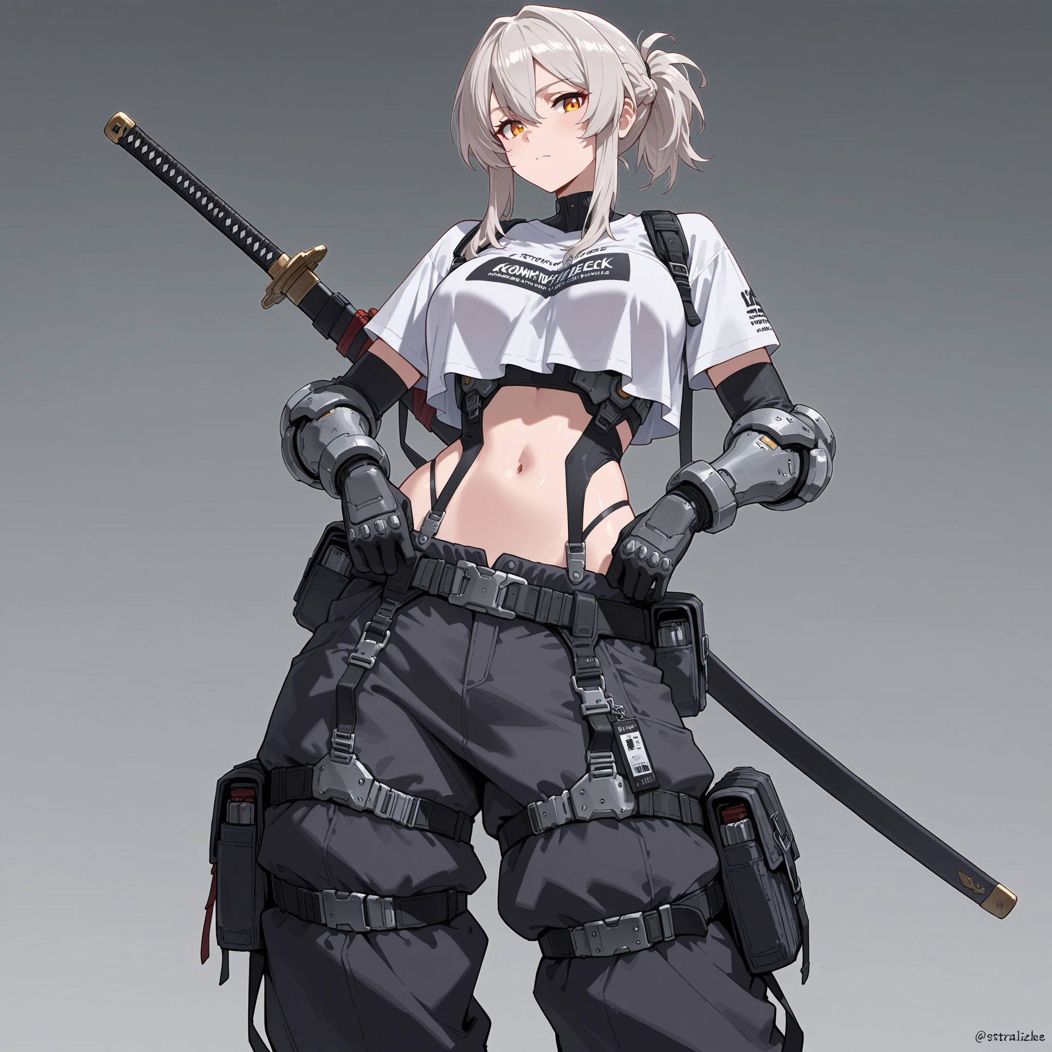 a drawing of a woman with a sword and a black top, tifa lockhart with white hair, cyborg - girl with silver hair, nier autoamata, female anime character, female action anime girl, nier inspired, anime character art, anime woman fullbody art, nier : automata inspired, nier, nier:automata inspired, anime character, detailed anime character art