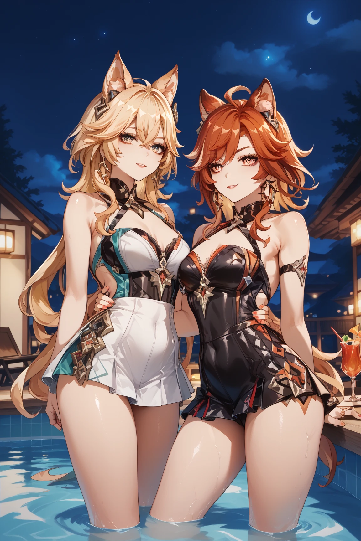 Two girls of the same height smiling in the water，No teeth exposed. Female twins， bright colors，natural lighting, best quality, Chest to chest, A masterpiece of two arms embracing the sun, Navel exposed, blush, Navel exposed, Orange swimsuit, full, excellent, Next to each other, The breasts are close to each other, slim 2 girls huge breasts
