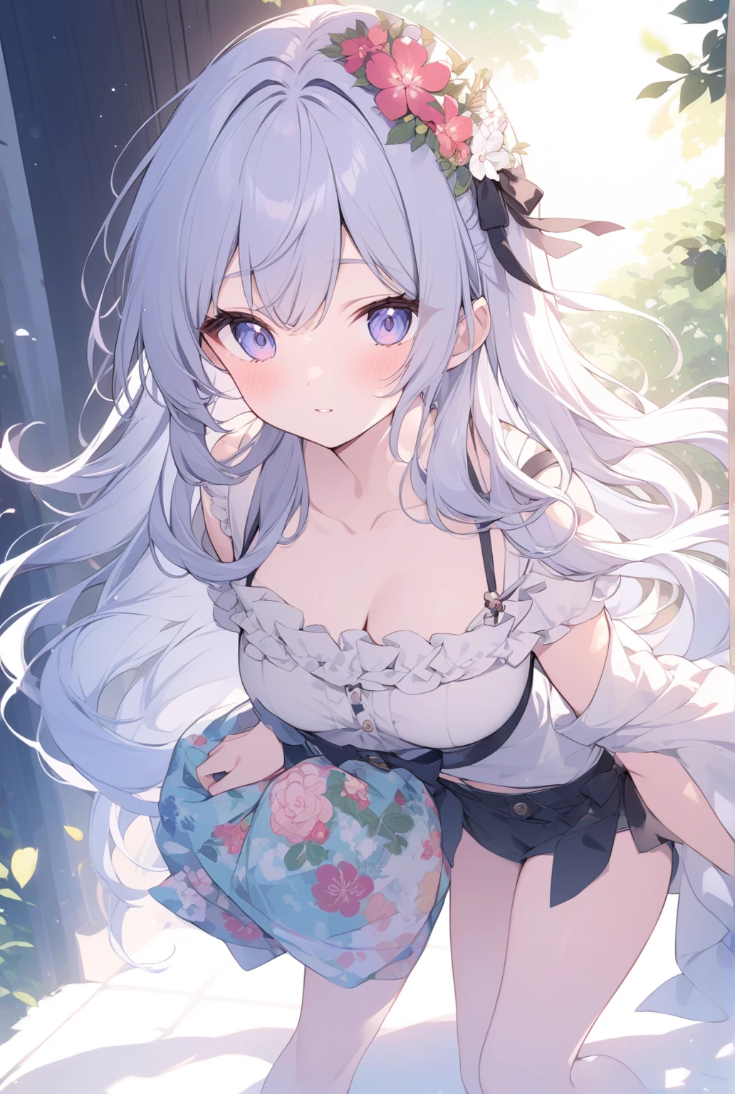 masterpiece, best quality, ultra detail, illustration,(1girl), beautiful detailed face, looking at viewer, close-up, (focusing on lower body), white hair, shy, fairy, white and blue bikini, pink eyes,naughty girl, sad face
