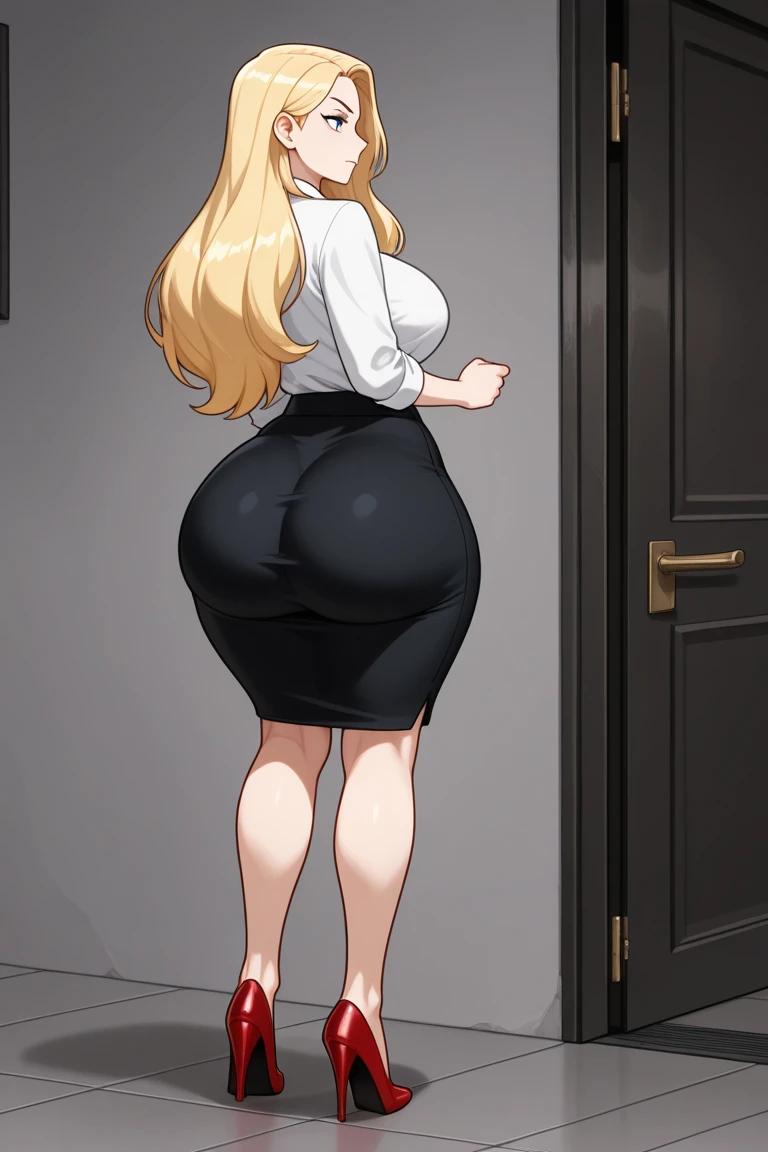 A close-up of just the woman's big ass. In an office environment. A woman with blonde hair and wide hips, and a big thick ass is wearing a tight black dress. She is walking beside a man in a suite. The man is groping, squeezing, and grabbing her big ass.