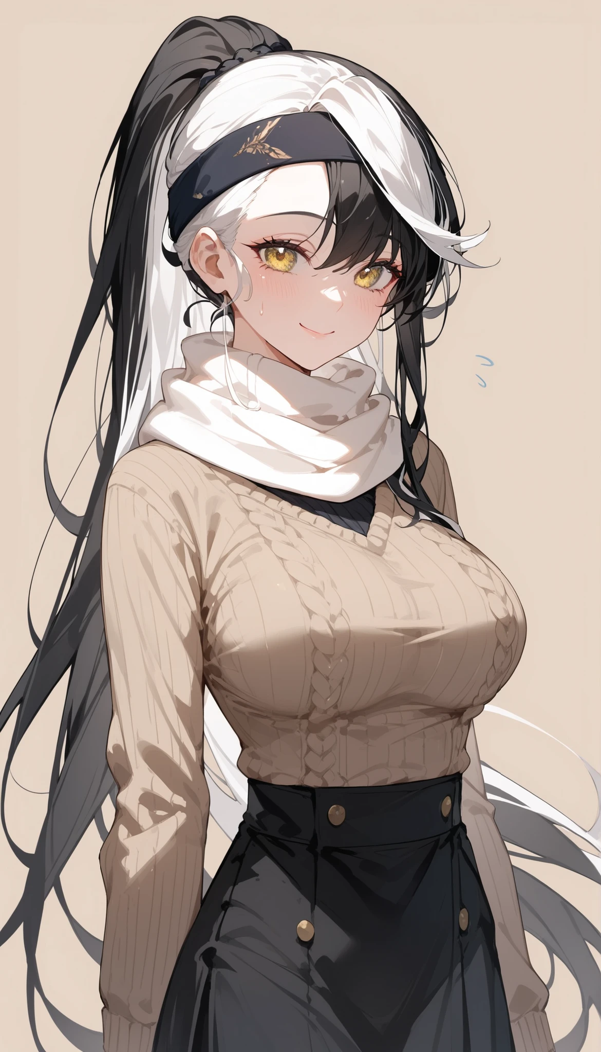 girl,white hair, black hair,long hair,in yellow eyes,big breasts,milf,slim,cute, Sweaterสไตส์เกาหลี,White Scarf,Long skirt,smile,, ponytail,multi colour hair , white hair, Sweater,standing,headband,khaki background,upper body shape