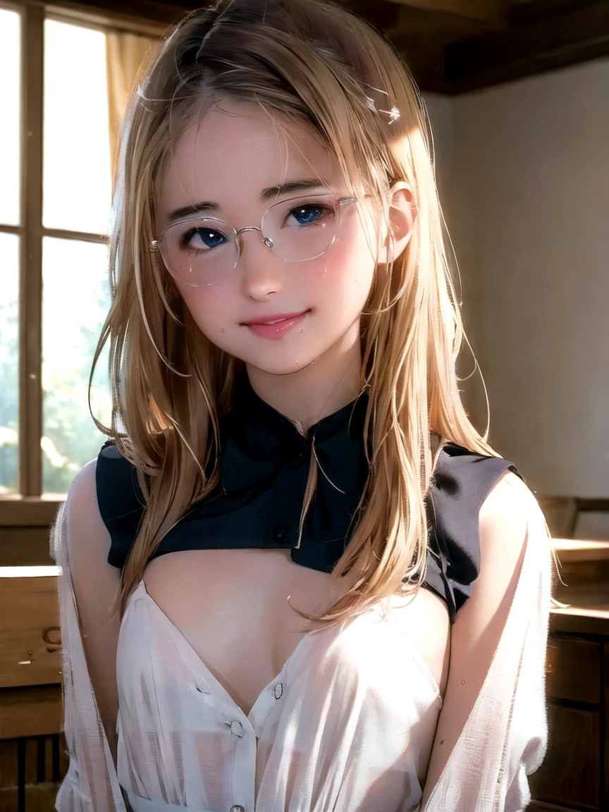 masterpiece, best quality, ultra quality, high quality, realistic, photo realistic, warm lighting,natural lighting,cinematic lighting,RAW photo, hyper detailed, intricate detailed, perfect anatomy, Fujifilm XT3,1girl,Japanese,(slender abs:1.3),camel toe, BREAK Blonde semi-long twin braids, BREAK (from front:1.1),(look at camera:1.1),smile,(blushing:1.3),teary eyes,(standing:1.2),(gym),(mideum shot),(Glasses:1.2),(smile),(no bra:1.3),(nipples),(covered nipples), (nipples poking through shirt),shirtlift, (pantypull) , (pantydrop),(red panty),