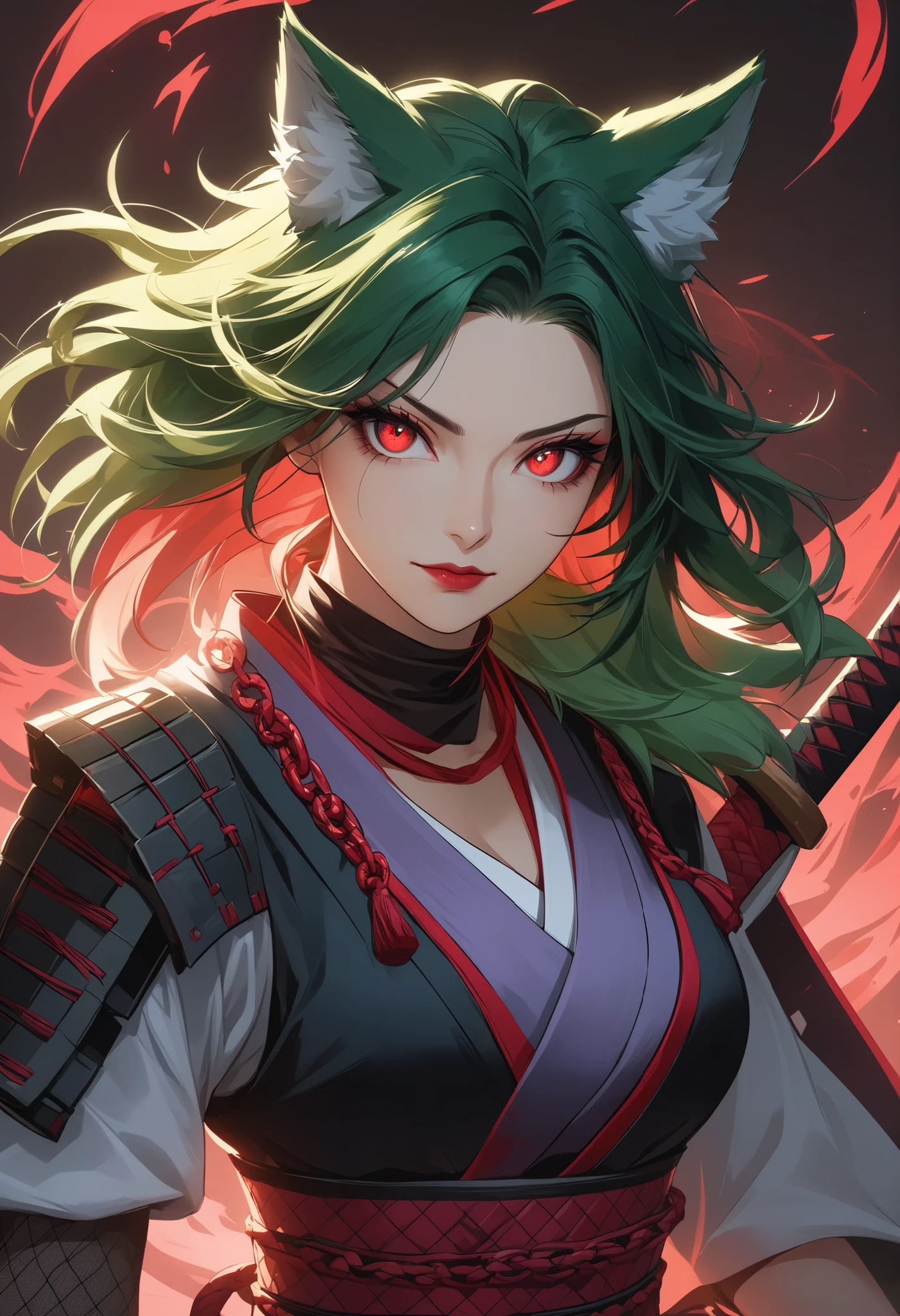 cartoon characters, Full Body, portrait, green wolf , I'm wearing a crimson chain, purple fishnet tights , Wear wooden clogs on your toes, with clear red eyes give off an attractive glow, High resolution combative adult female samurai,