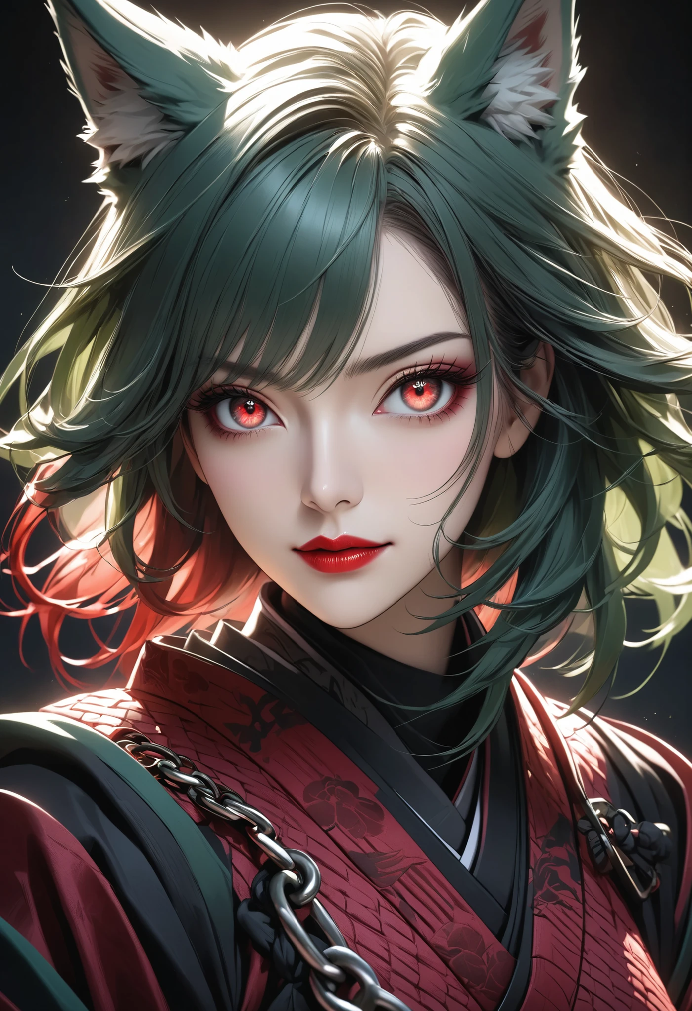 cartoon characters, Full Body, portrait, green wolf , I'm wearing a crimson chain, purple fishnet tights , Wear wooden clogs on your toes, with clear red eyes give off an attractive glow, High resolution combative adult female samurai,