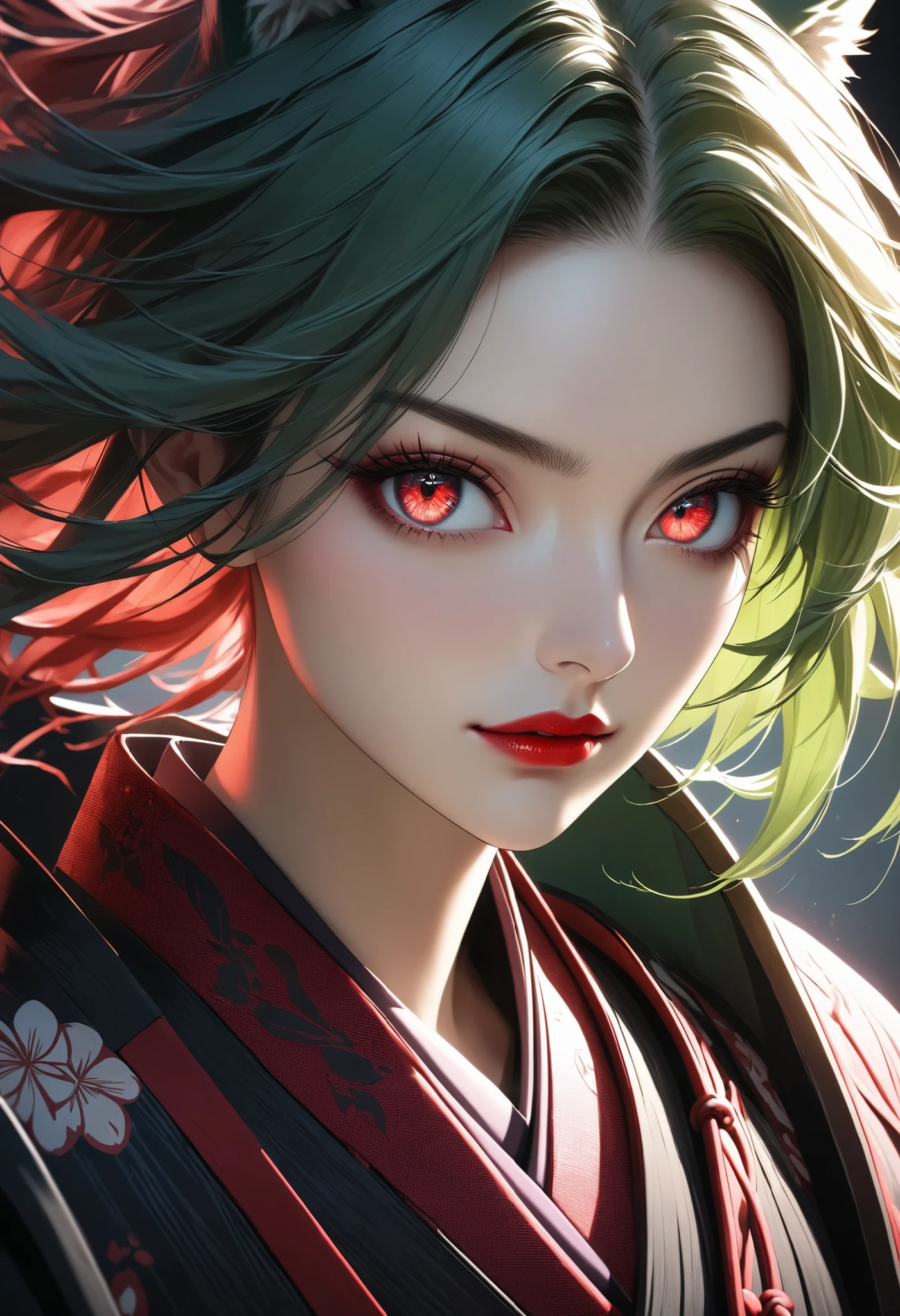 cartoon characters, Full Body, portrait, green wolf , I'm wearing a crimson chain,  purple fishnet tights , Wear wooden clogs on your toes, with clear red eyes give off an attractive glow, High resolution combative adult female samurai,  