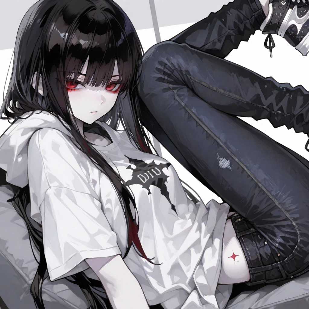 Dark style, black hair, white skin, red eyes, long hair, bangs，underwear，succubus，sitting，Sweat，Soaked，transparent，open legs，sofa，Playful