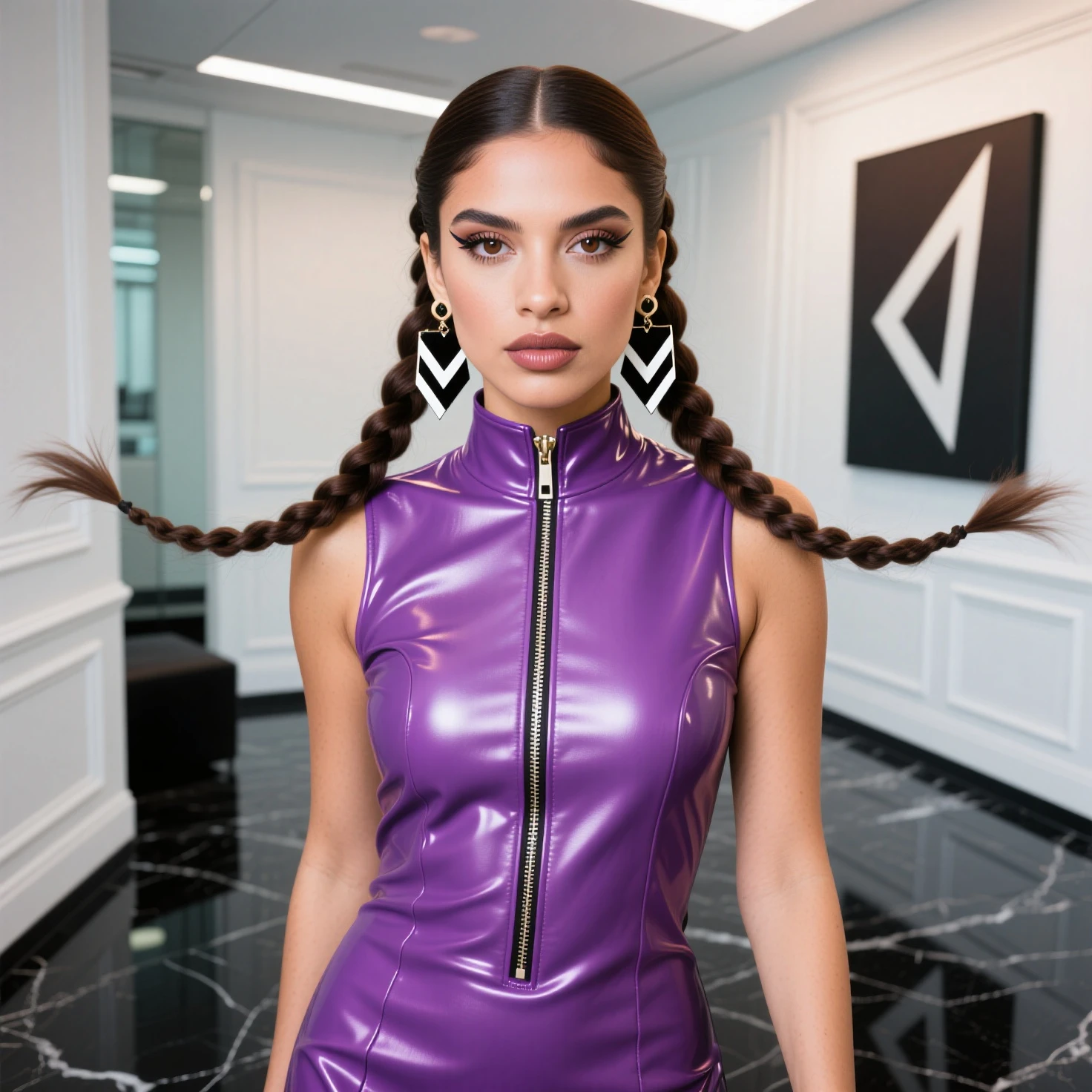 closeup photo of an adult supermodel woman face, megara working in grocery store, evil smile, half-closed eyes, high ponytail, long hair, bare shoulders, long purple dress, blushing, pouting expression, single eyebrow raised, eye shadow, black lipstick, pierced eyebrow, sexy face <lora:sxz-megara:0.8> <lora:add_detail:0.3>