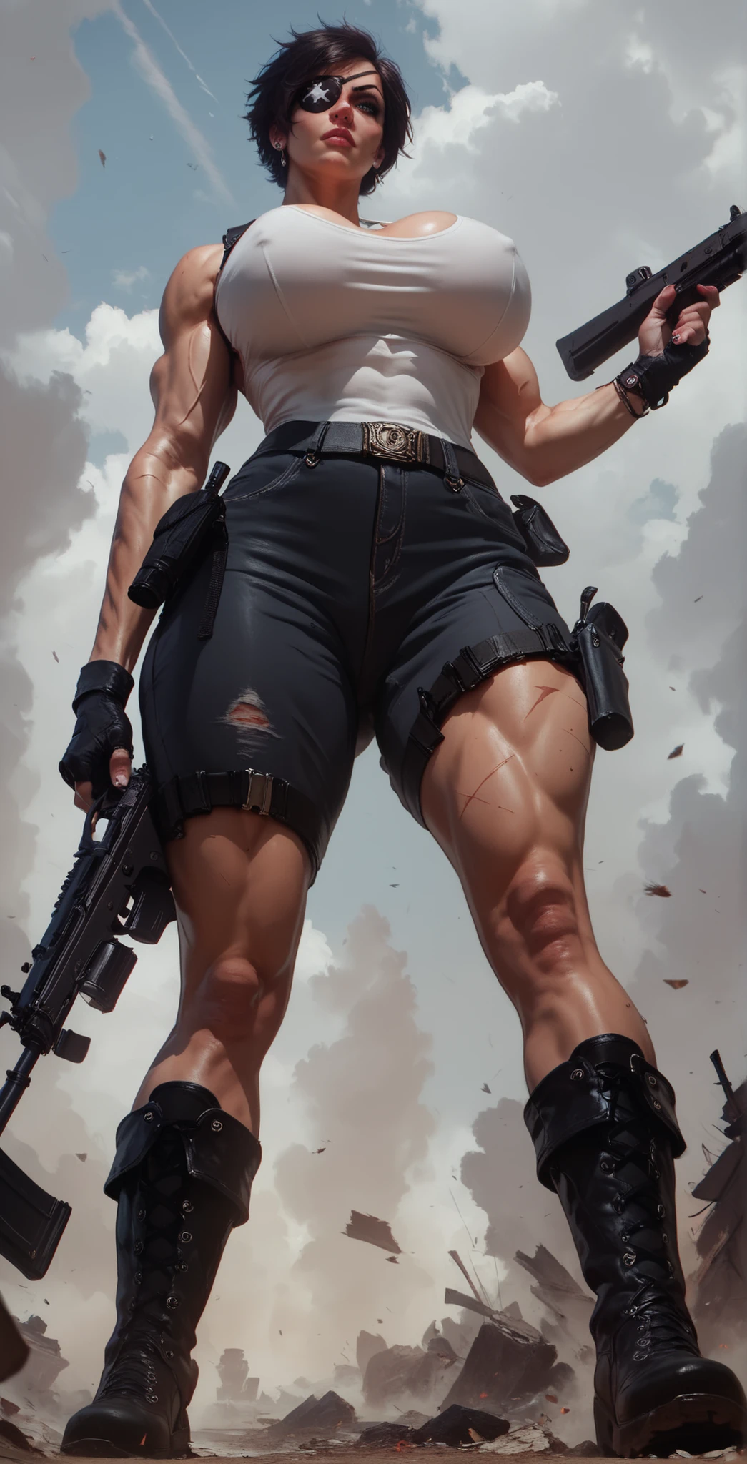 A low angle of a mature, tall, muscular female, with short dark hair, an eyepatch, and a scar on her face, she has broad shoulders, huge breasts, wide hips, a huge ass, thick legs, and is dresses in a white tank top, with (black military trousers), (boots), and gun holsters. She is holding an assault rifle and looks serious, low angle portrait, holding rifle, high quality best quality, concept art, realistic, battlefield background
